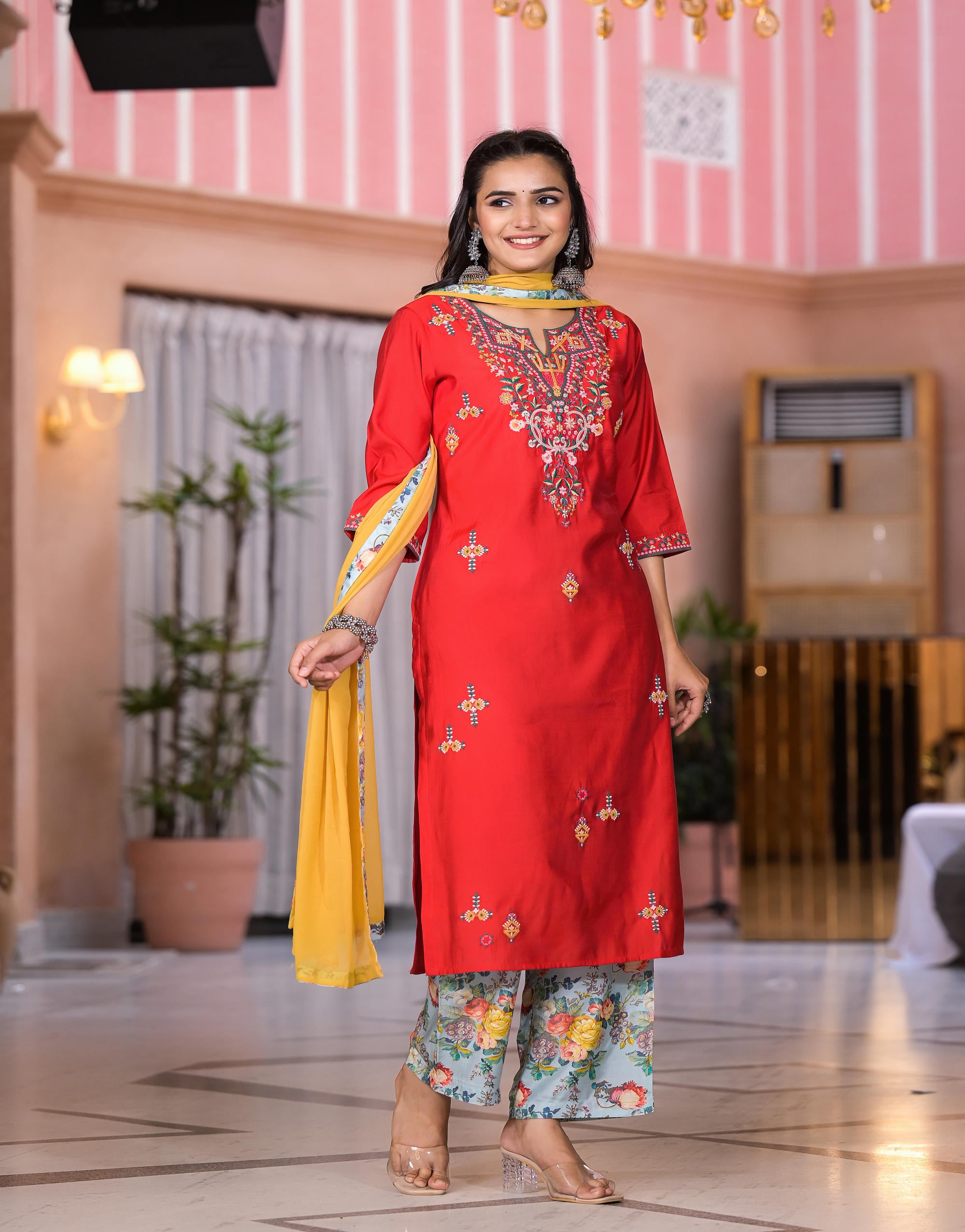 Multi Color Floral Printed Viscose Kurta Set With Mirror & Thread Work