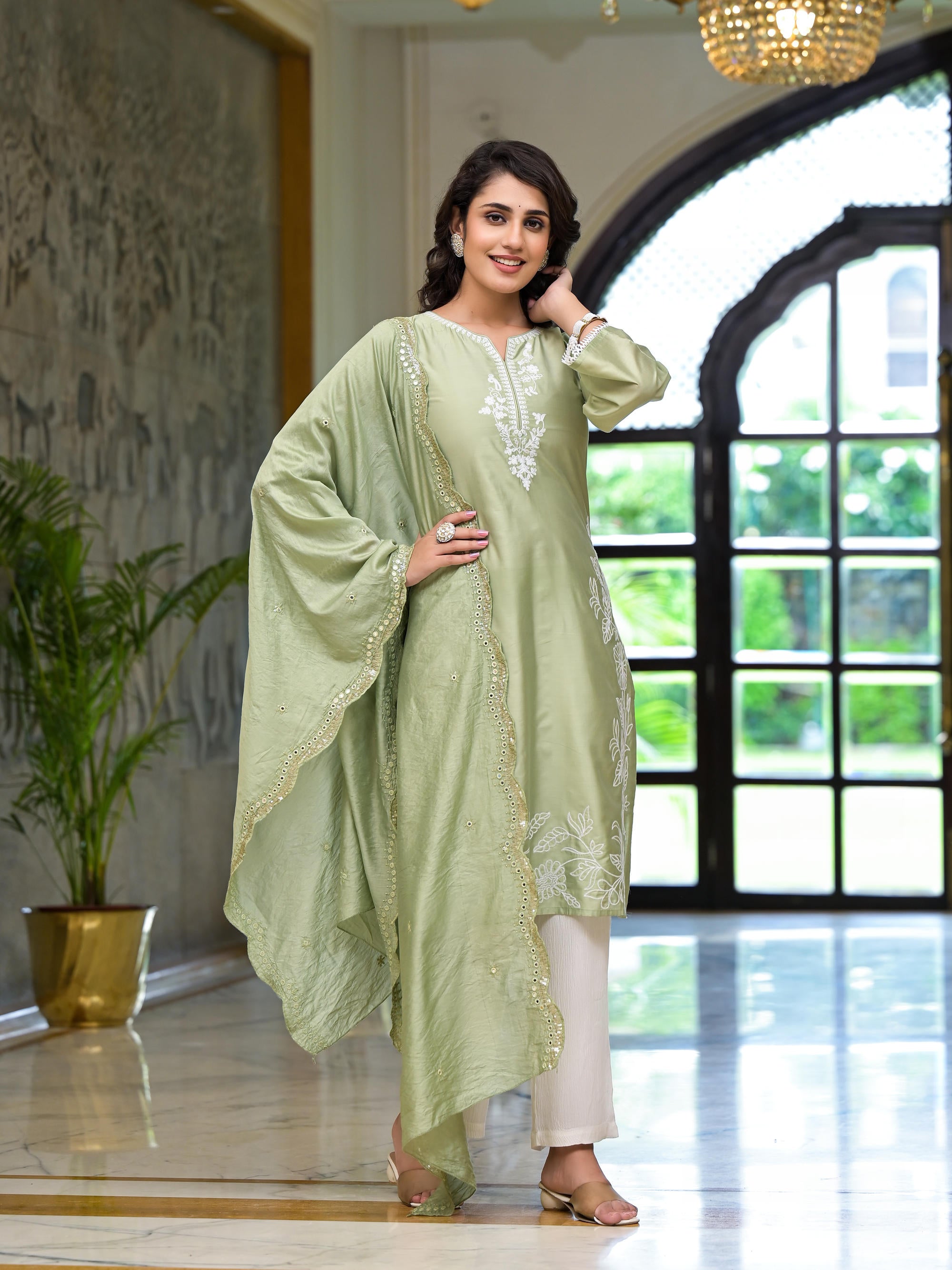 Olive Thread Embroidered Viscose Kurta Set With Thread & Mirror Work