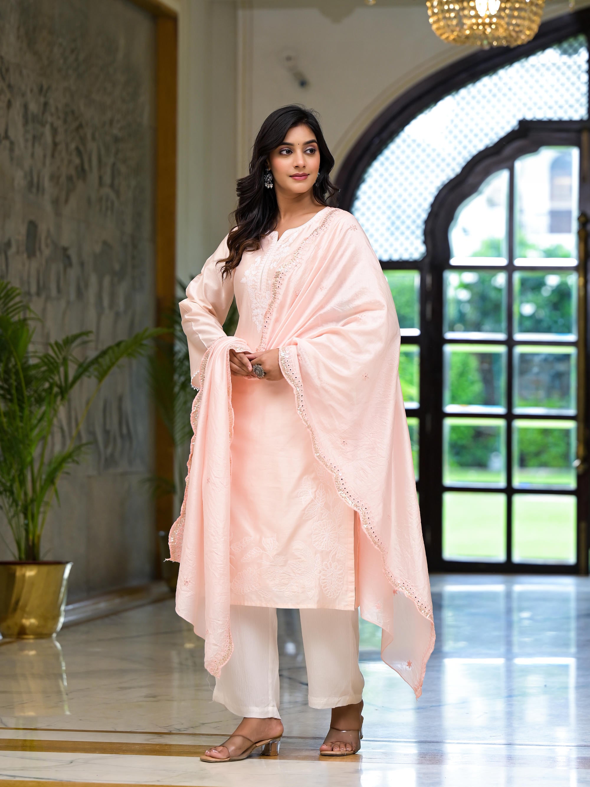 Pink Thread Embroidered Viscose Kurta Set With Thread & Mirror Work