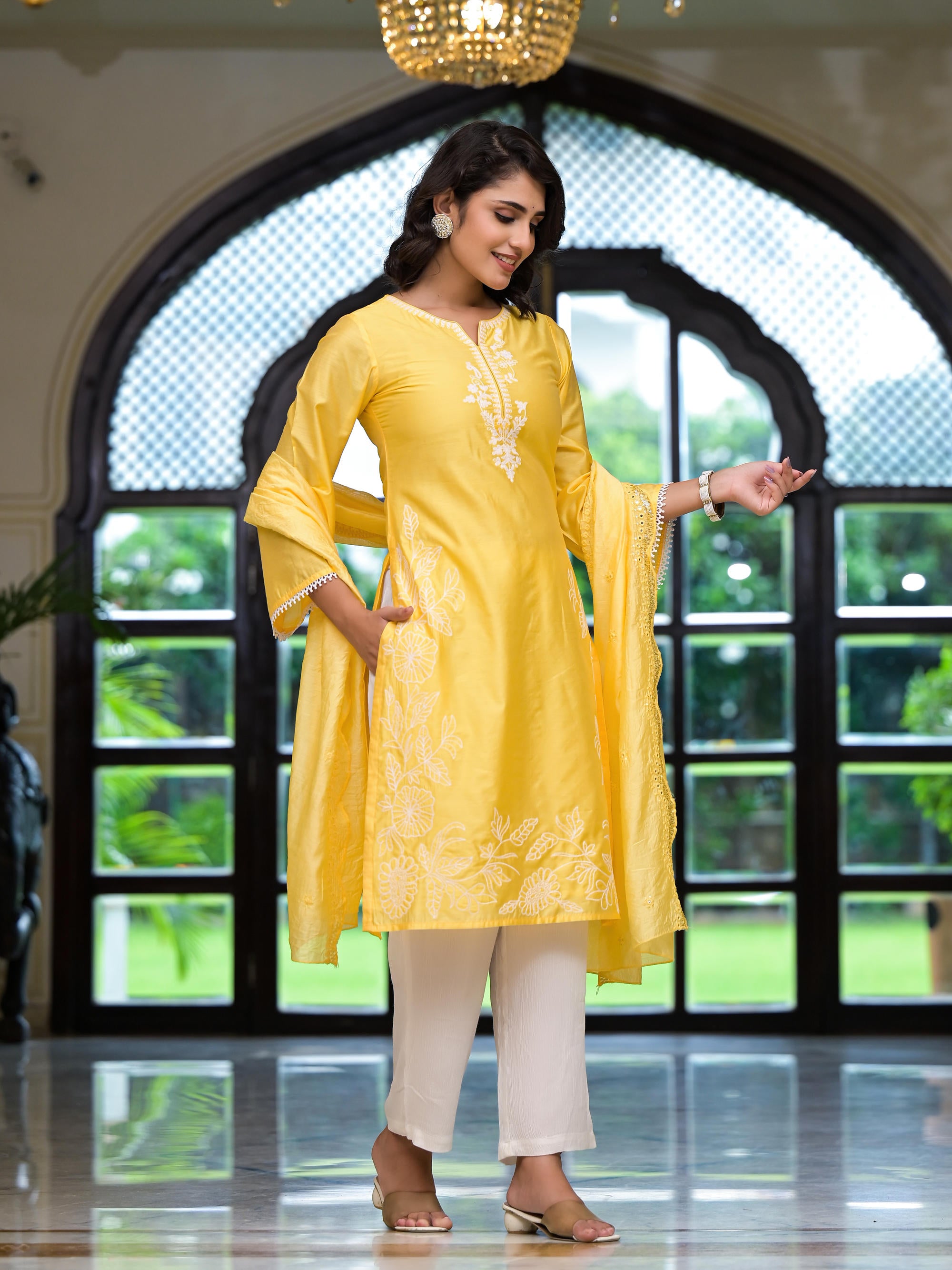 Yellow Thread Embroidered Viscose Kurta Pant And Dupatta Set With Thread & Mirror Work