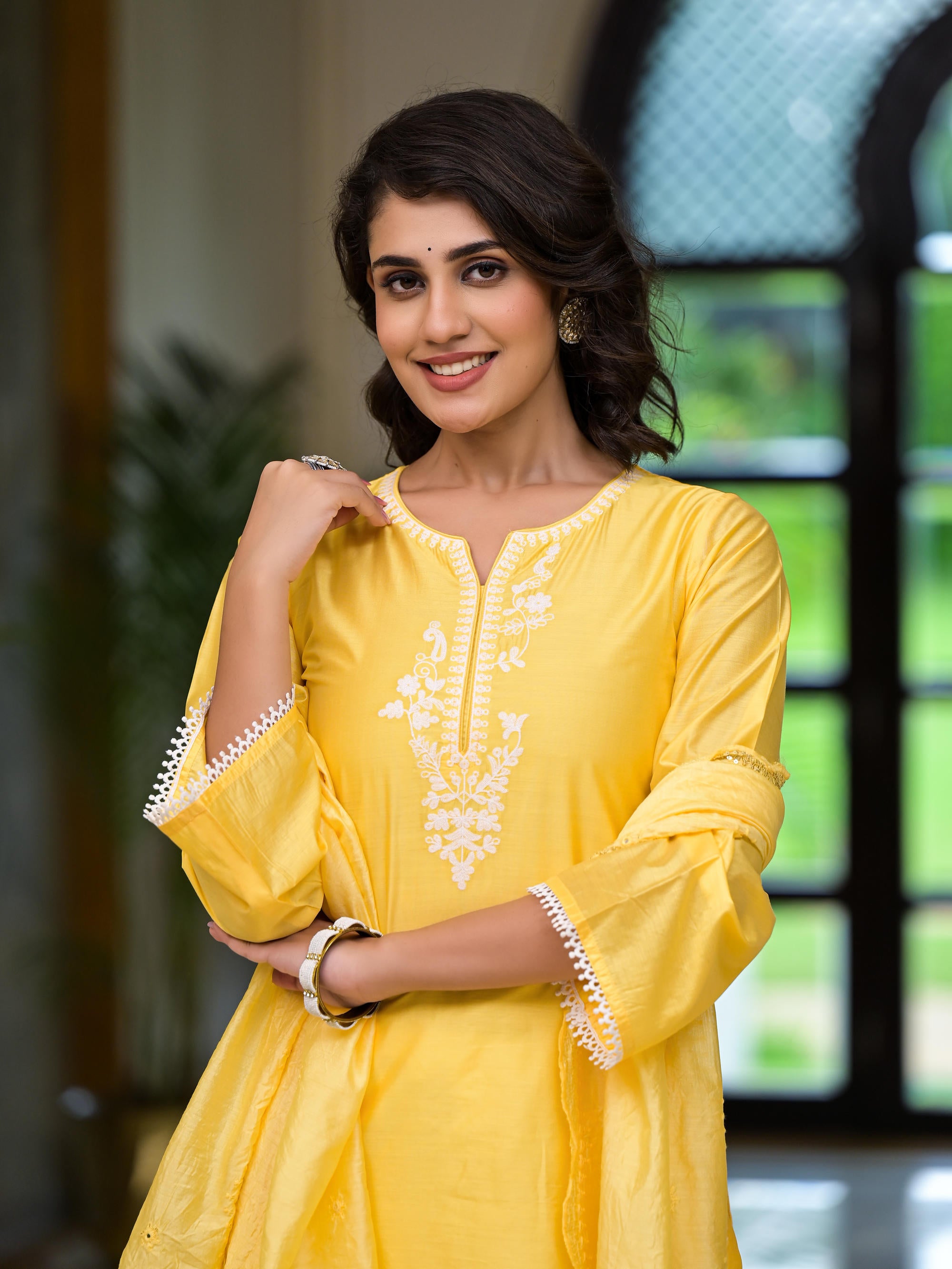 Yellow Thread Embroidered Viscose Kurta Pant And Dupatta Set With Thread & Mirror Work