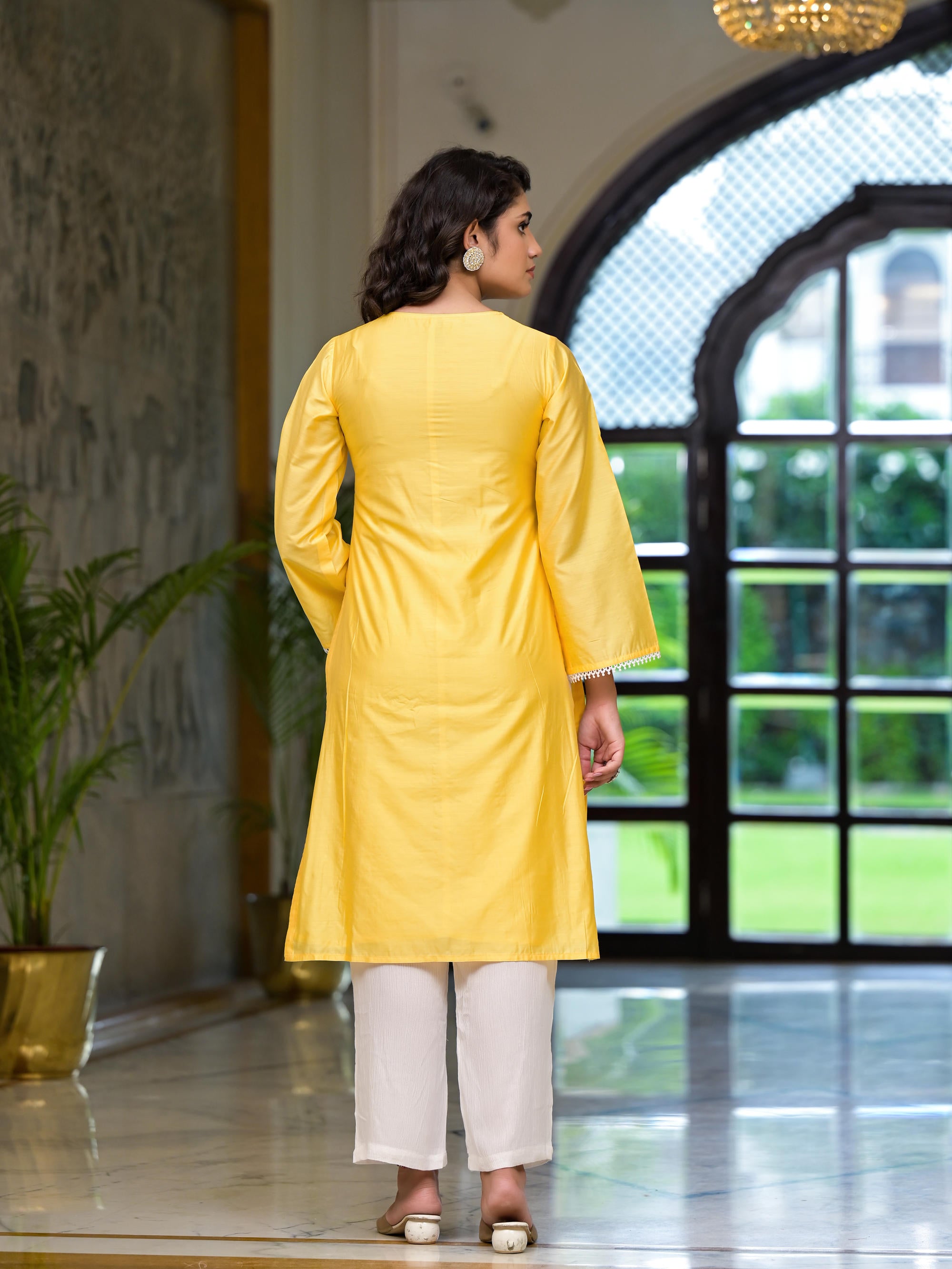 Yellow Thread Embroidered Viscose Kurta Pant And Dupatta Set With Thread & Mirror Work