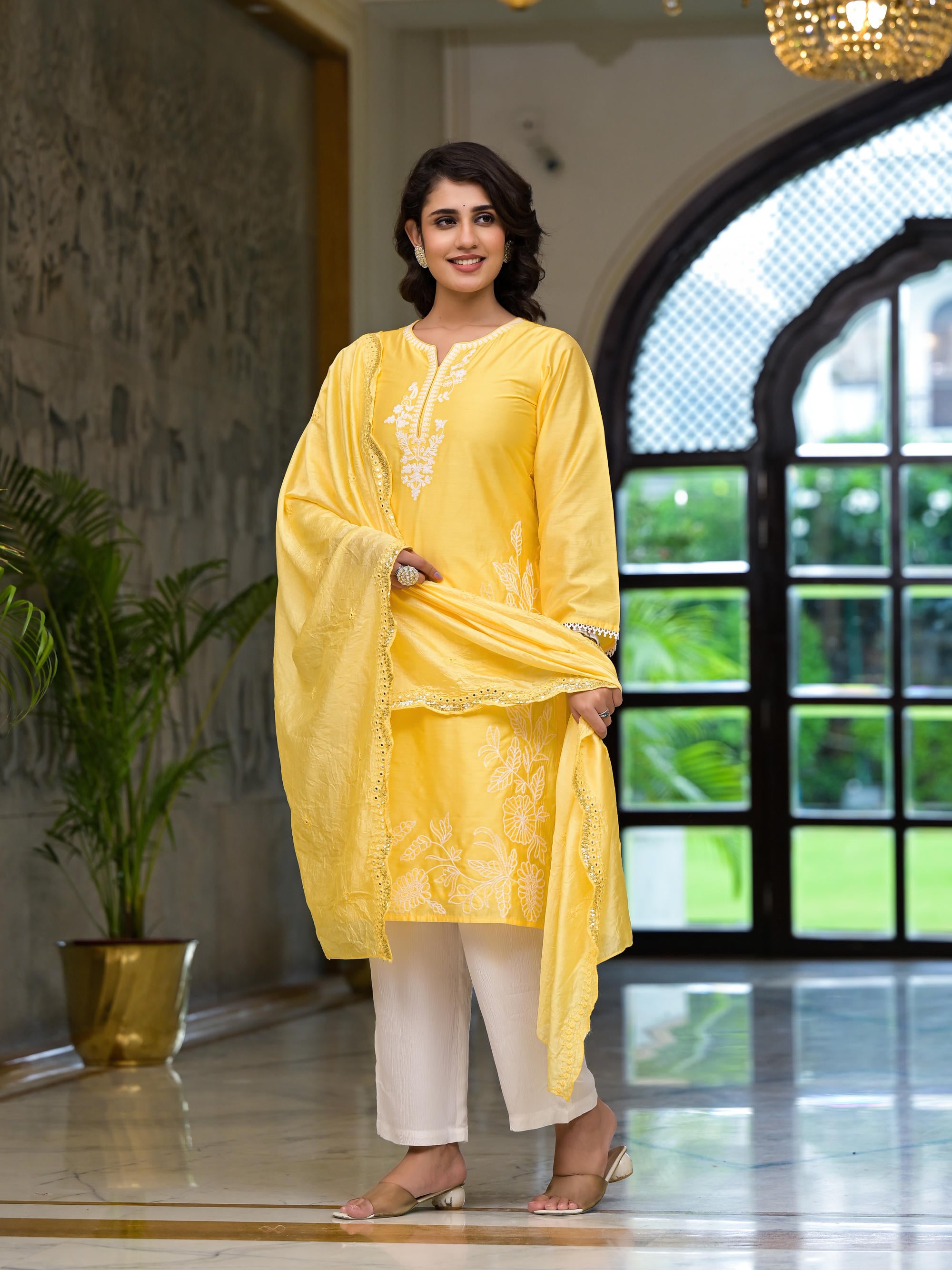 Yellow Thread Embroidered Viscose Kurta Pant And Dupatta Set With Thread & Mirror Work