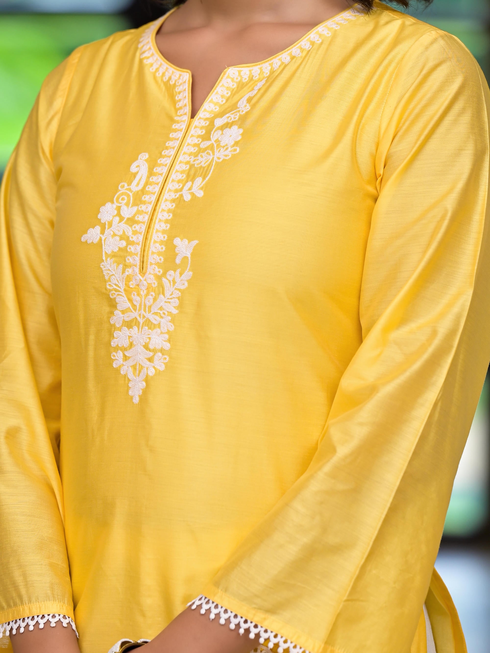 Yellow Thread Embroidered Viscose Kurta Pant And Dupatta Set With Thread & Mirror Work