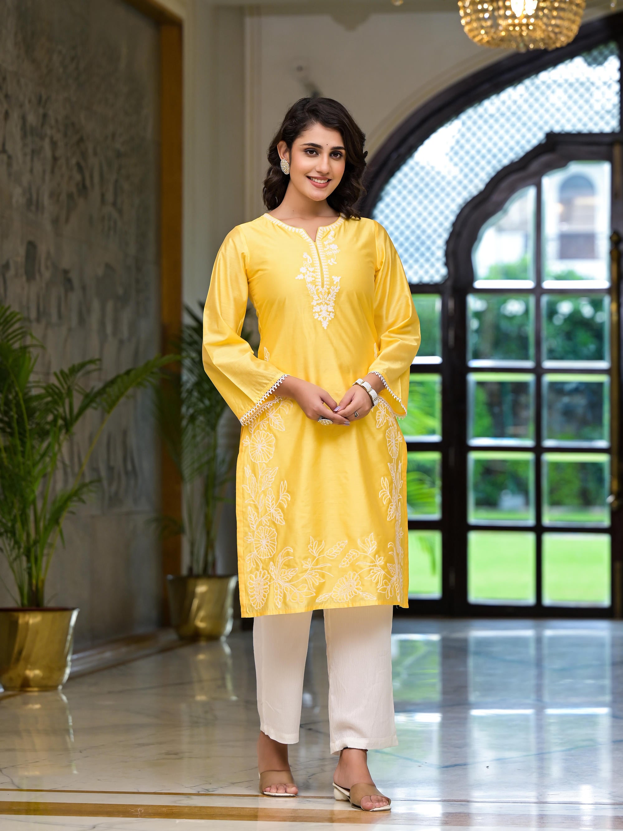 Yellow Thread Embroidered Viscose Kurta Pant And Dupatta Set With Thread & Mirror Work