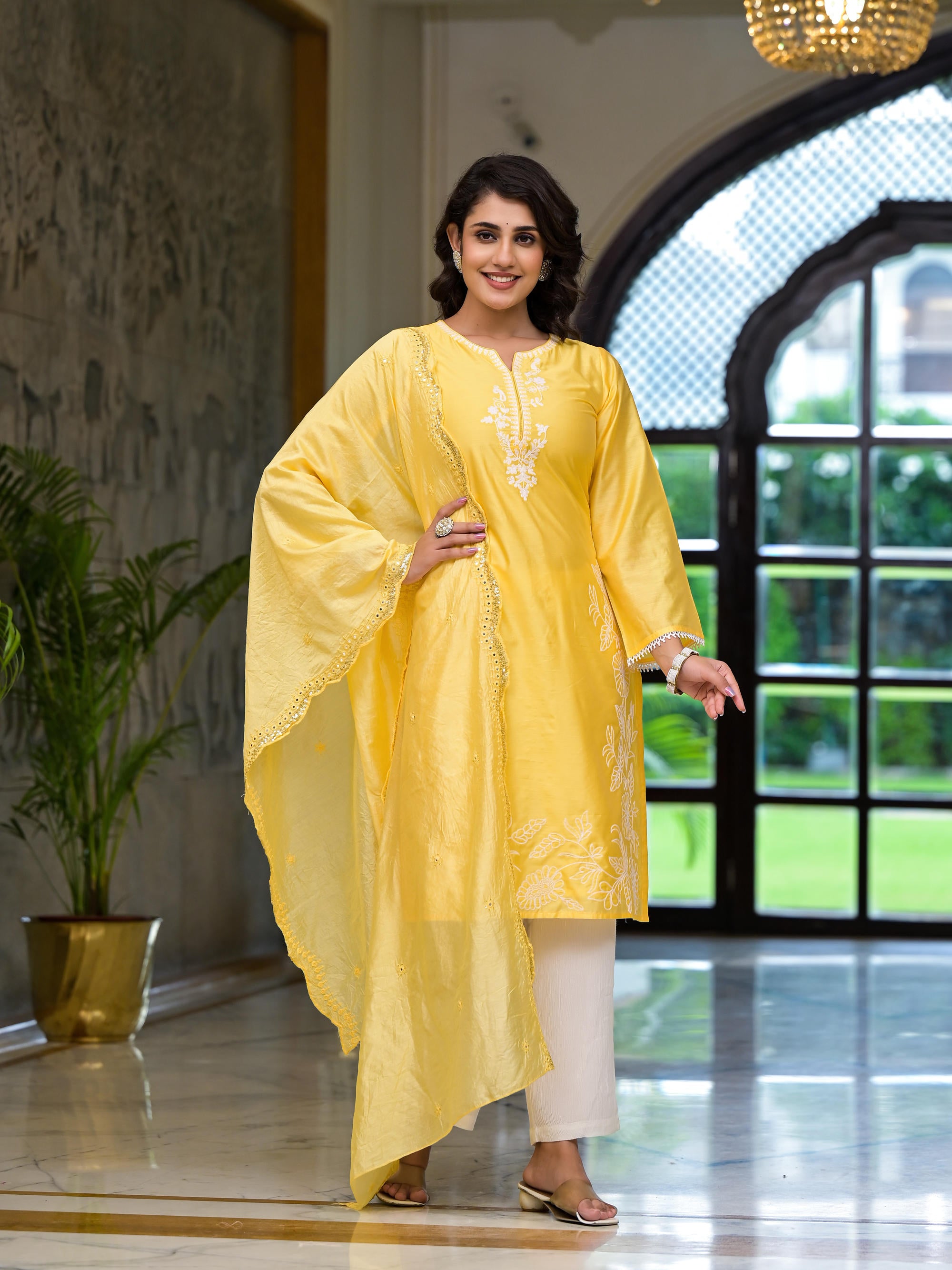 Yellow Thread Embroidered Viscose Kurta Pant And Dupatta Set With Thread & Mirror Work