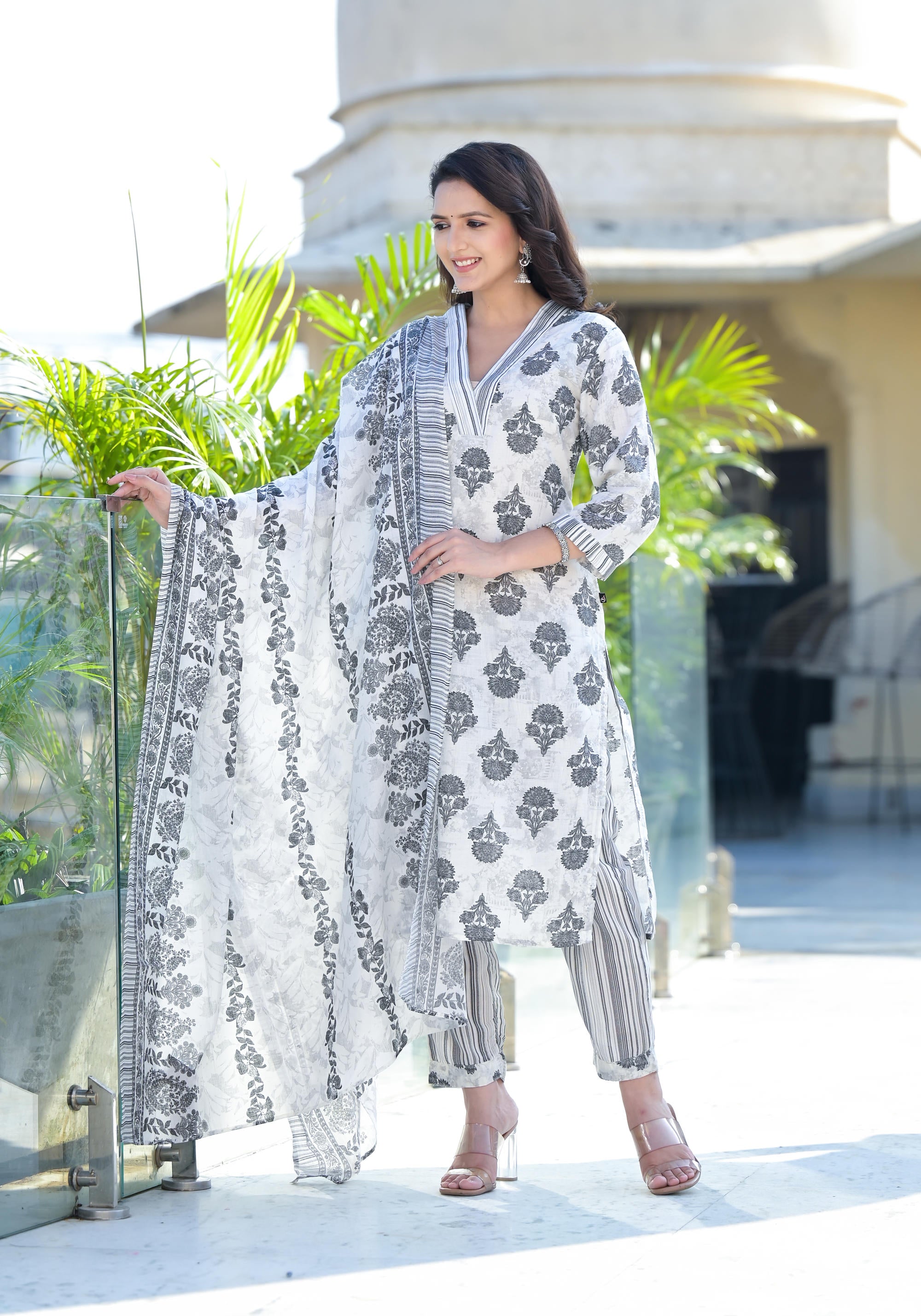 Grey Floral Printed Cotton Kurta Pant & Dupatta Set