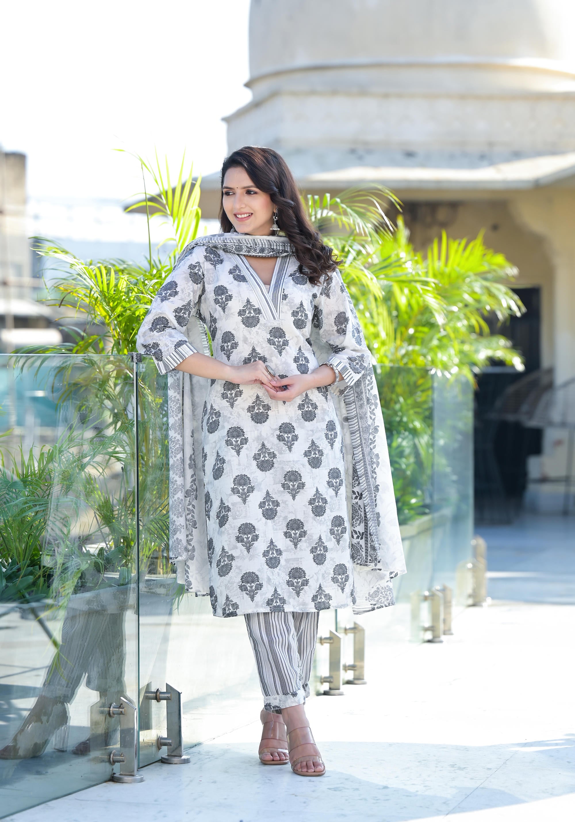 Grey Floral Printed Cotton Kurta Pant & Dupatta Set