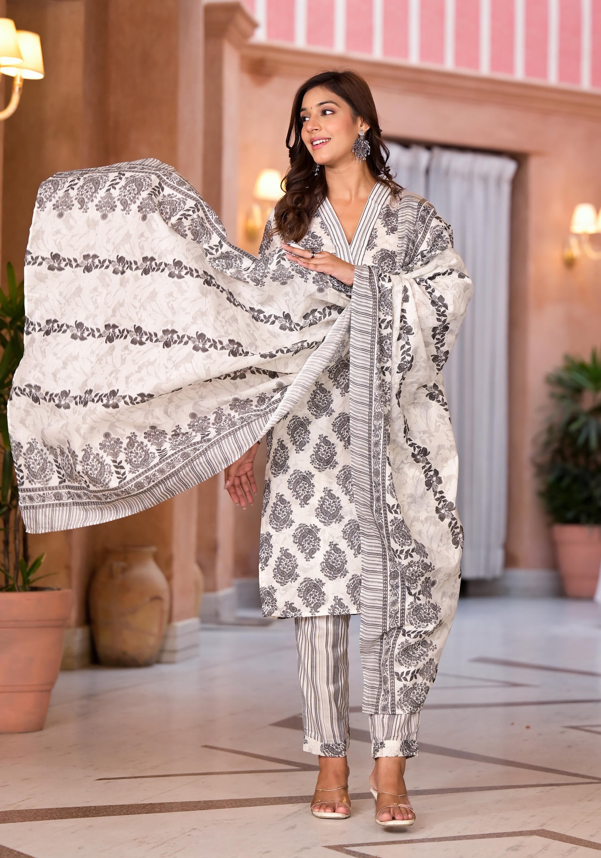 White Floral Printed Cotton Kurta Pant & Dupatta Set