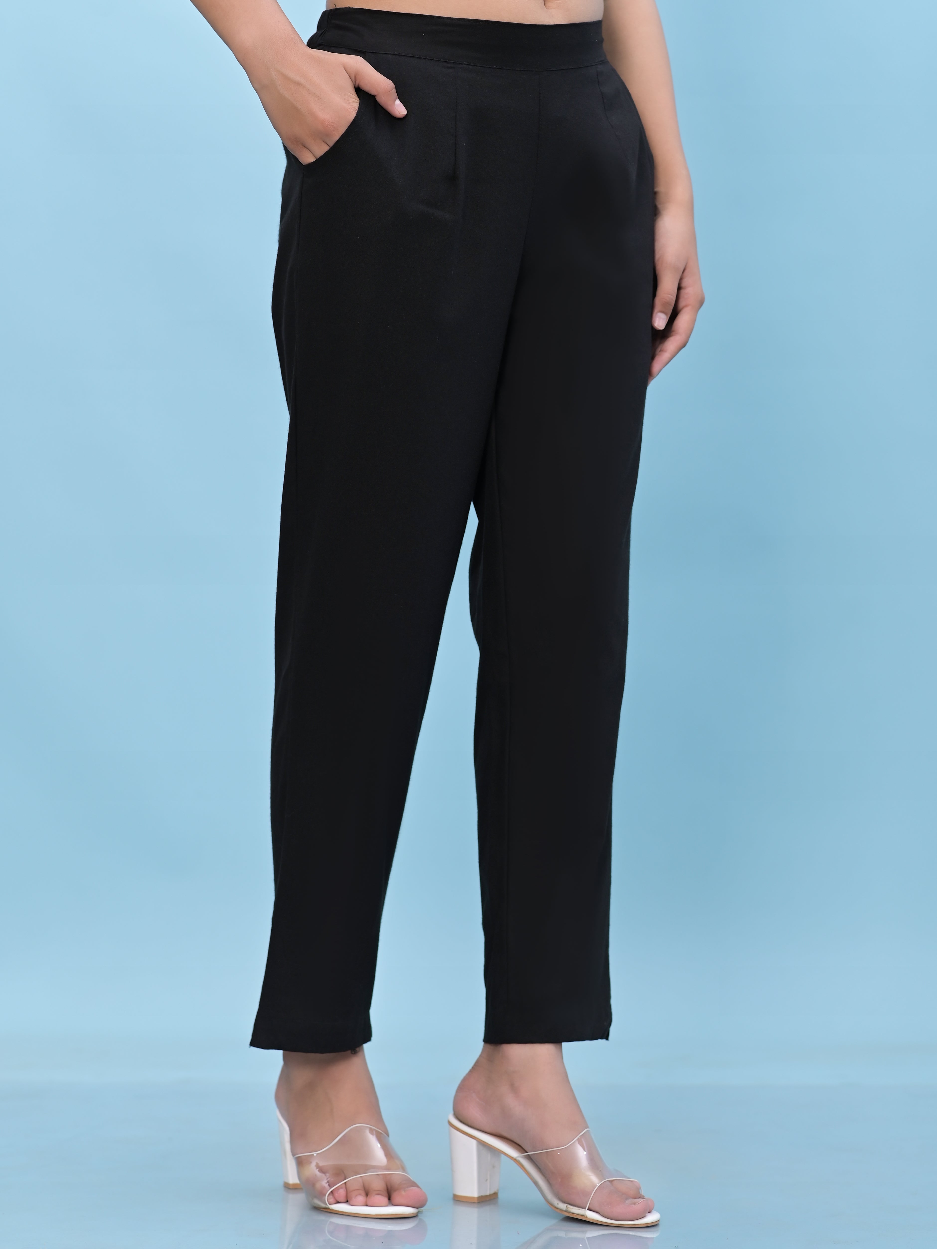 Juniper Women Black Solid Cotton Pants with Partially Elasticated Waistband and Two Side Pockets