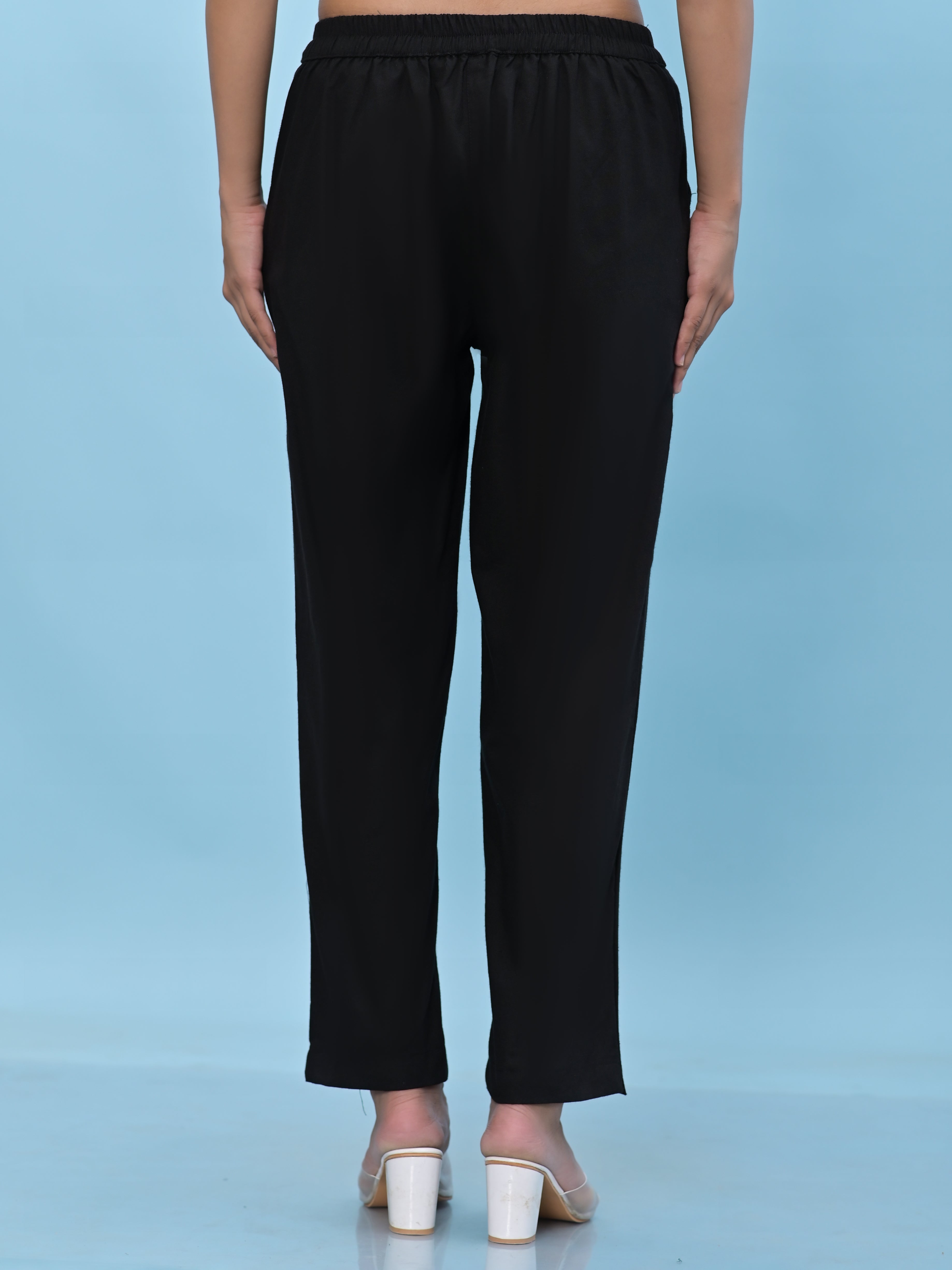 Juniper Women Black Solid Cotton Pants with Partially Elasticated Waistband and Two Side Pockets