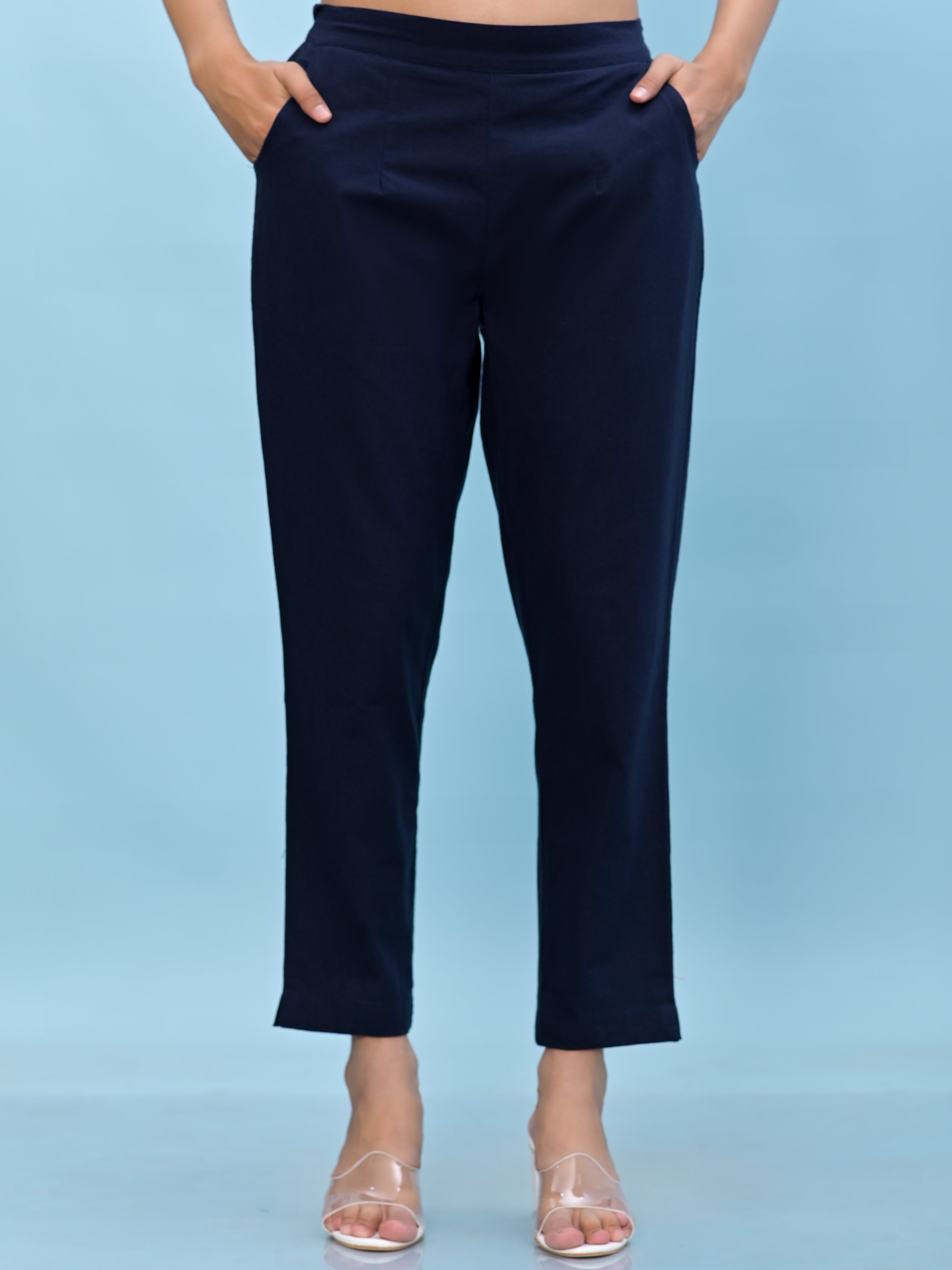 Juniper Women Navy Blue Solid Cotton Pants with Partially Elasticated Waistband and Two Side Pockets