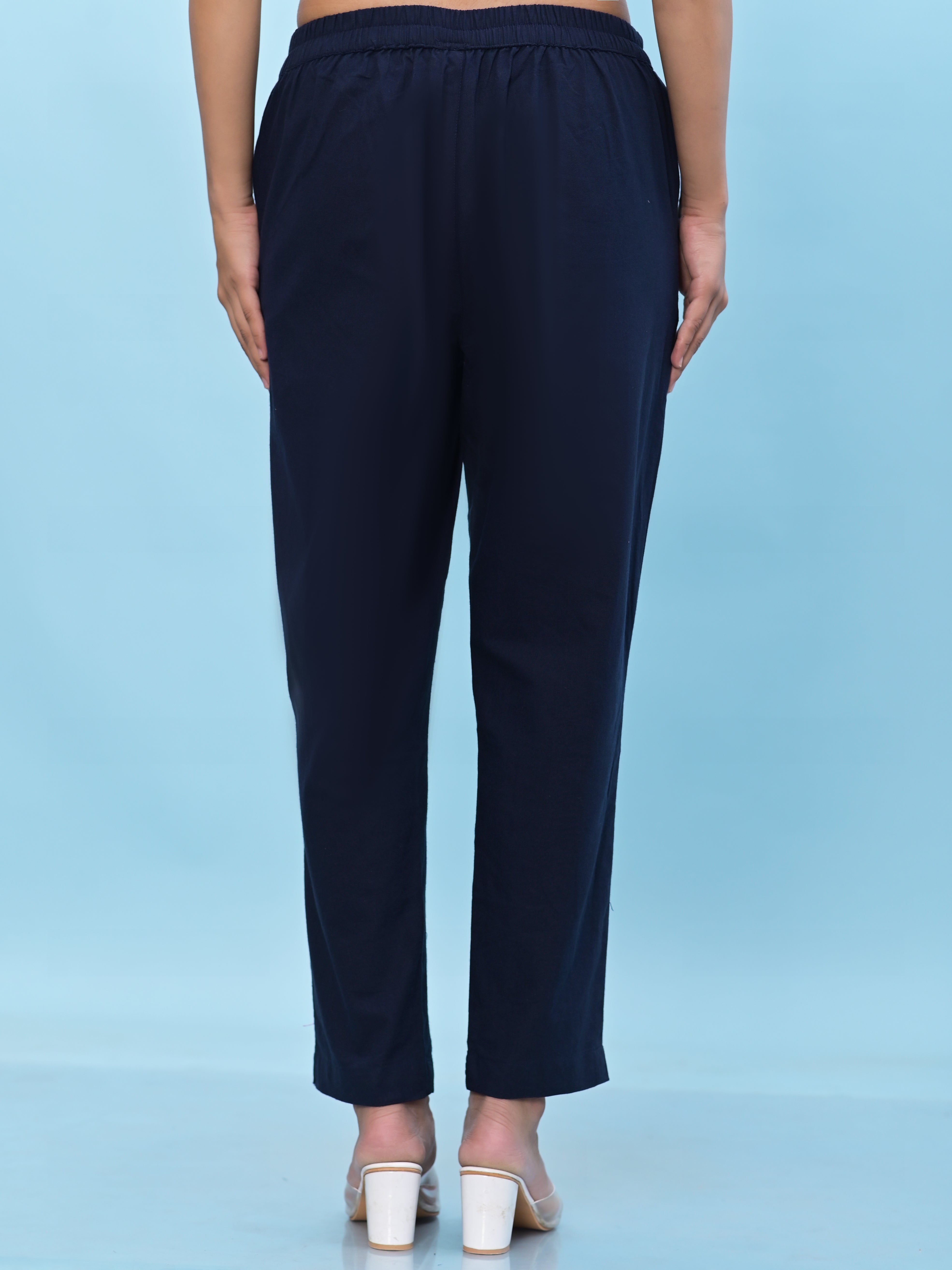 Juniper Women Navy Blue Solid Cotton Pants with Partially Elasticated Waistband and Two Side Pockets