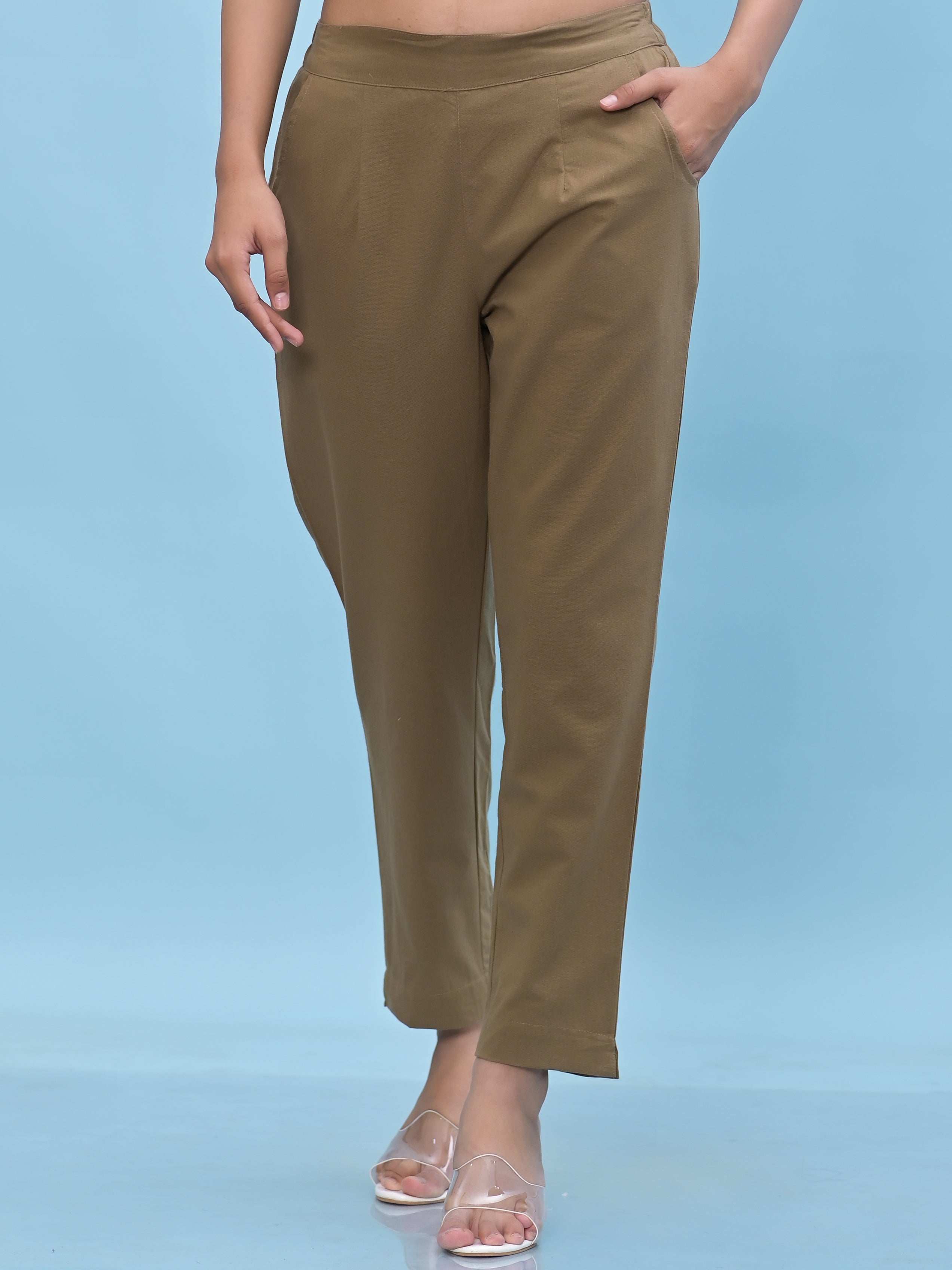 Juniper Women Brown Solid Cotton Pants with Partially Elasticated Waistband and Two Side Pockets