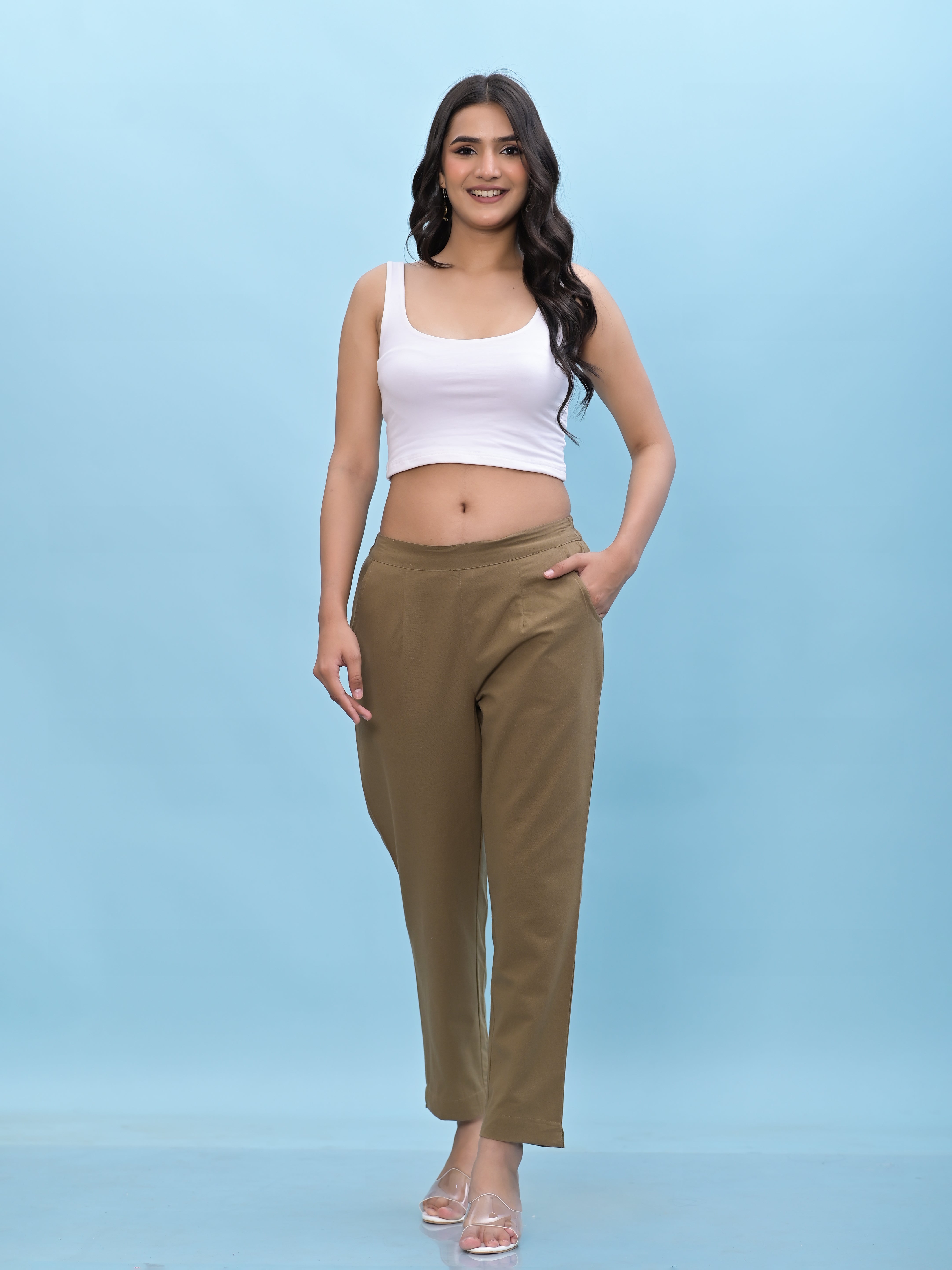 Juniper Women Brown Solid Cotton Pants with Partially Elasticated Waistband and Two Side Pockets