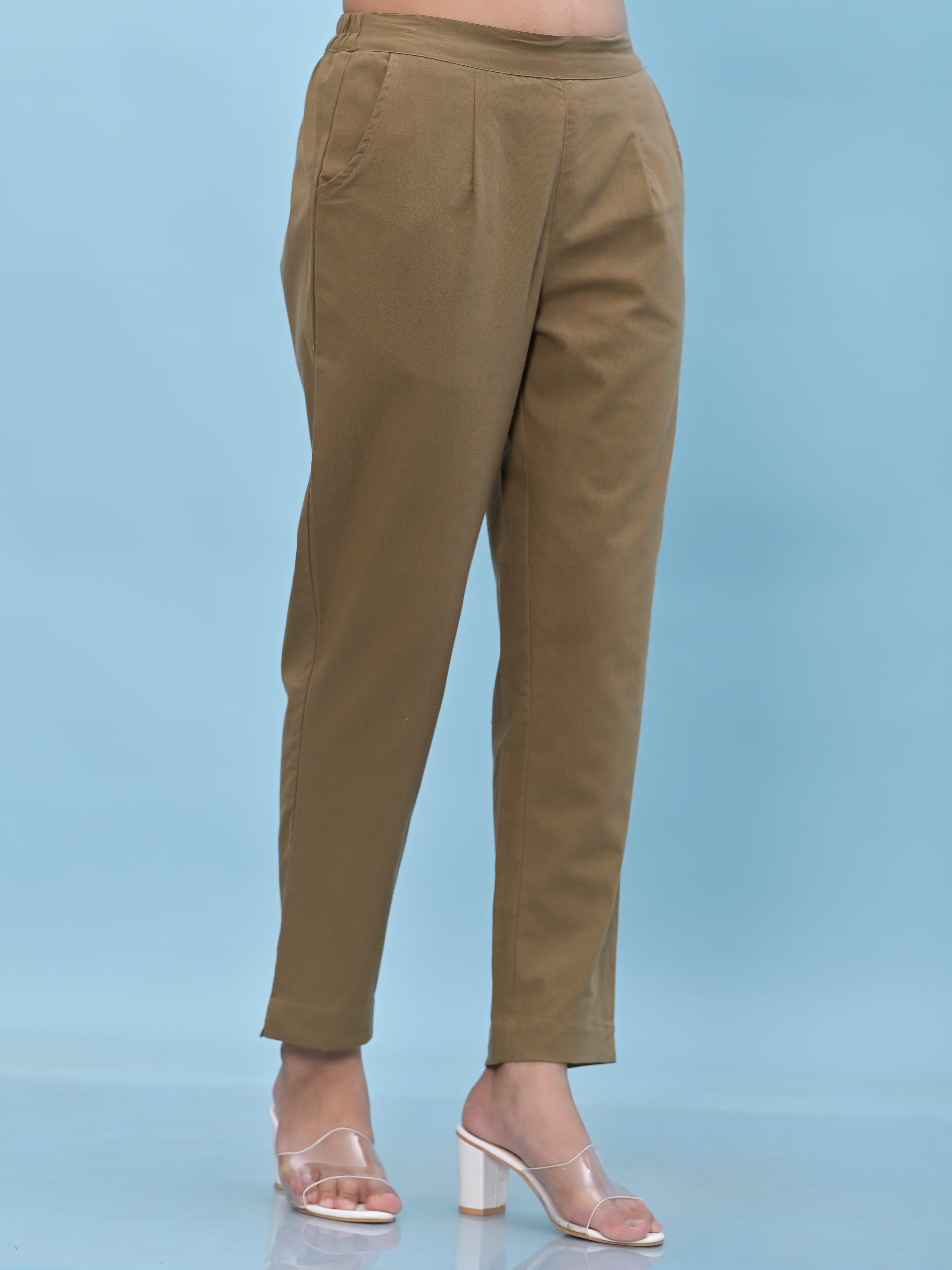 Juniper Women Brown Solid Cotton Pants with Partially Elasticated Waistband and Two Side Pockets