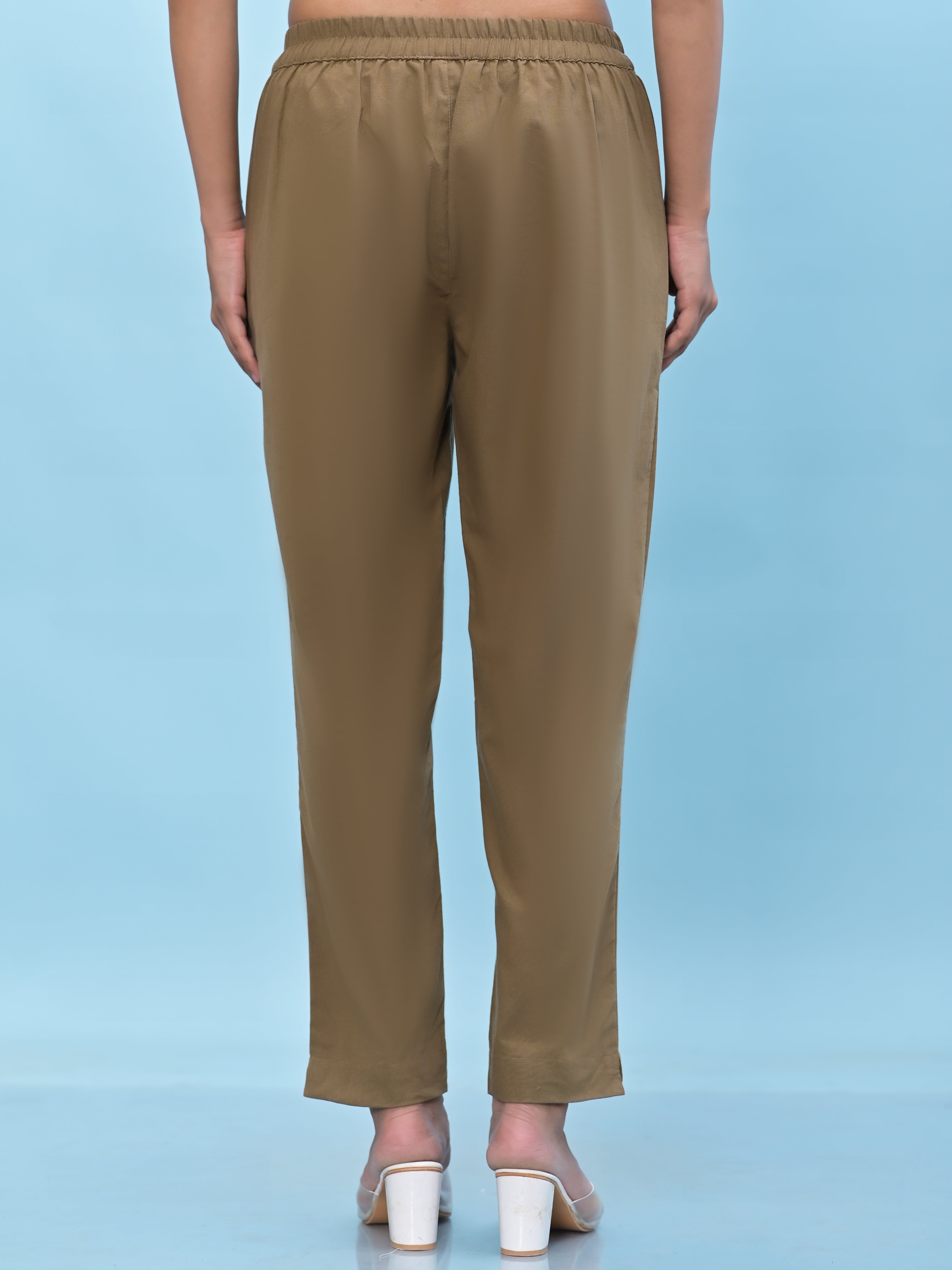 Juniper Women Brown Solid Cotton Pants with Partially Elasticated Waistband and Two Side Pockets