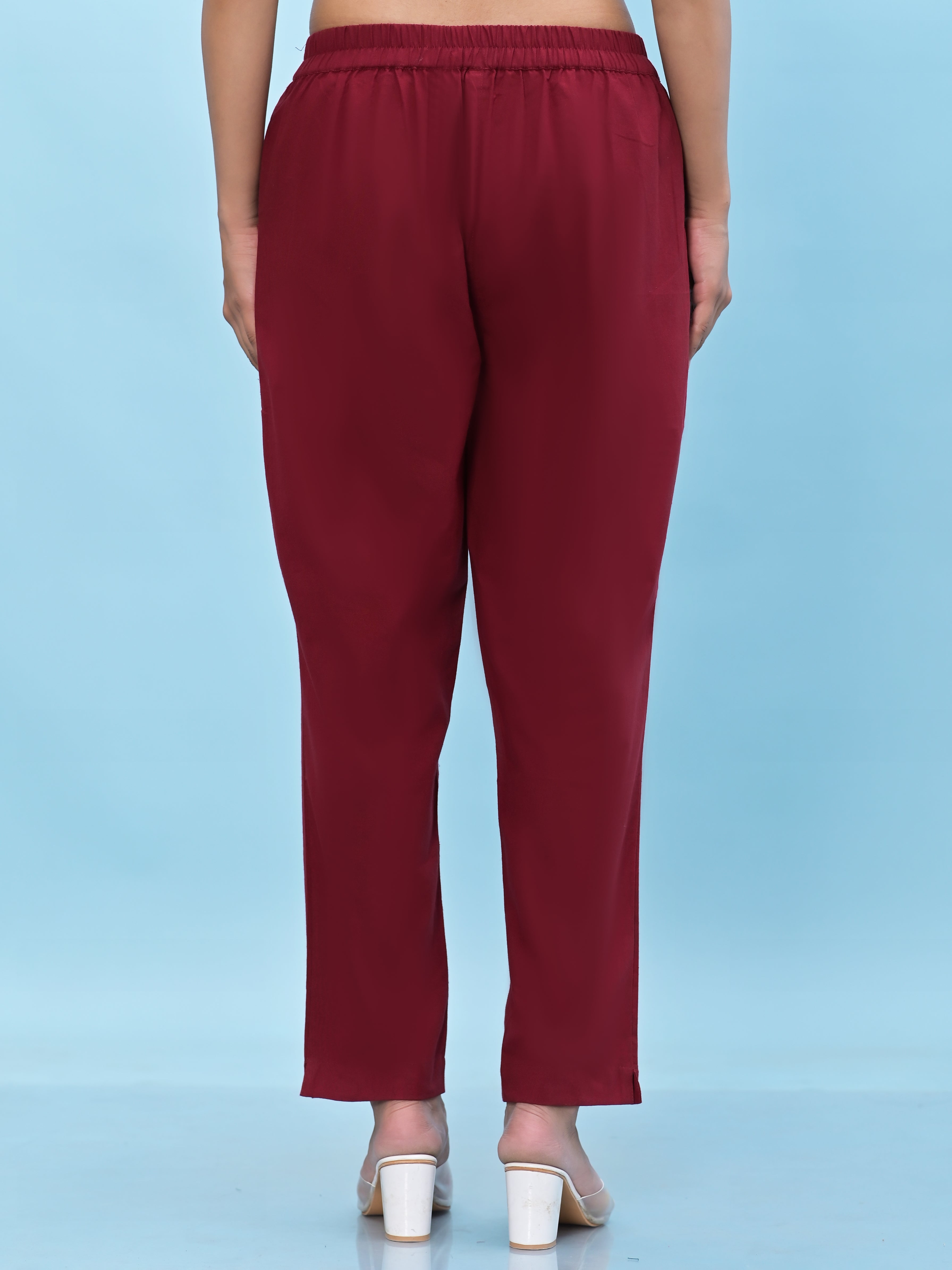 Juniper Women Maroon Solid Cotton Pants with Partially Elasticated Waistband and Two Side Pockets