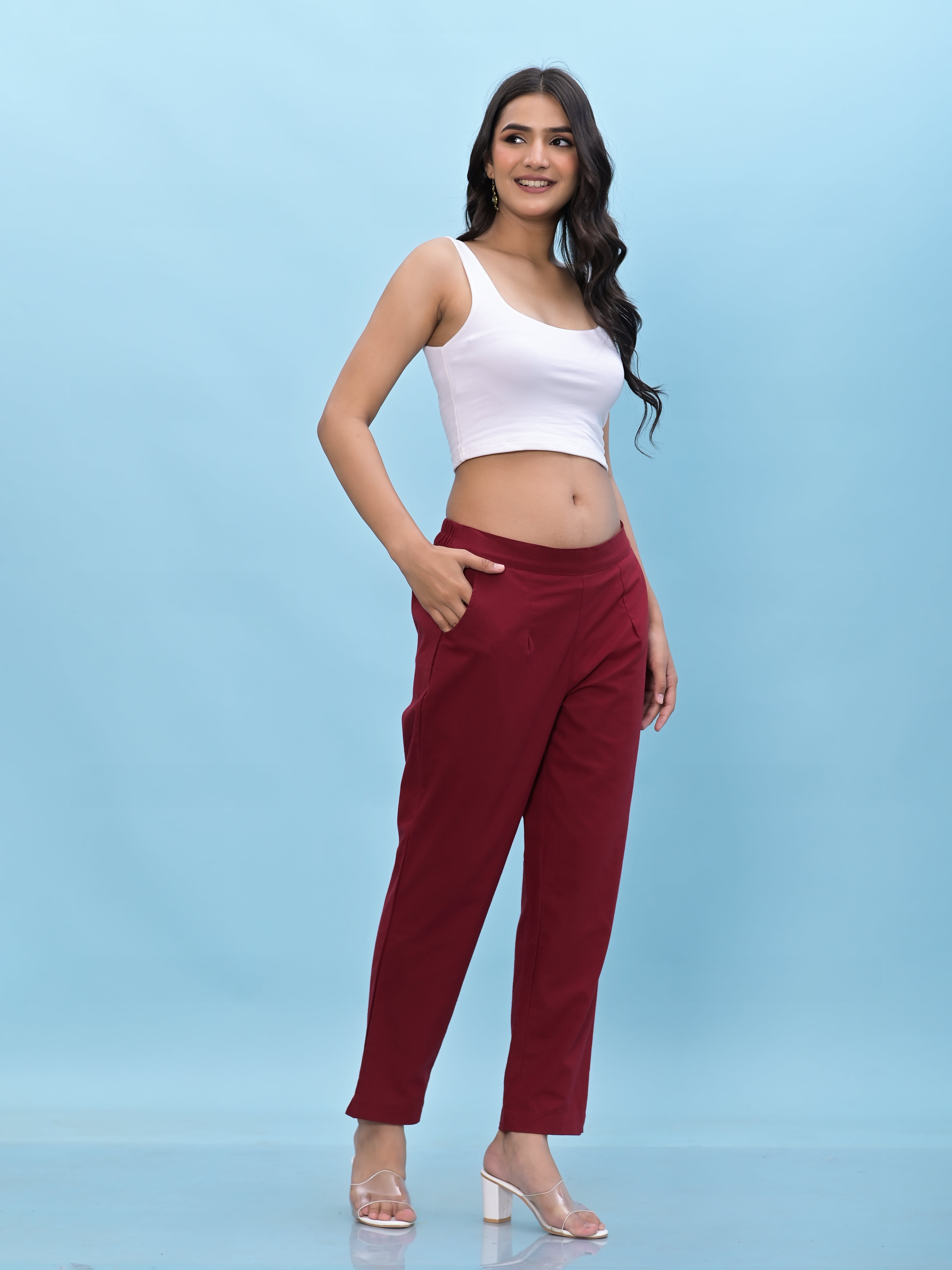 Juniper Women Maroon Solid Cotton Pants with Partially Elasticated Waistband and Two Side Pockets