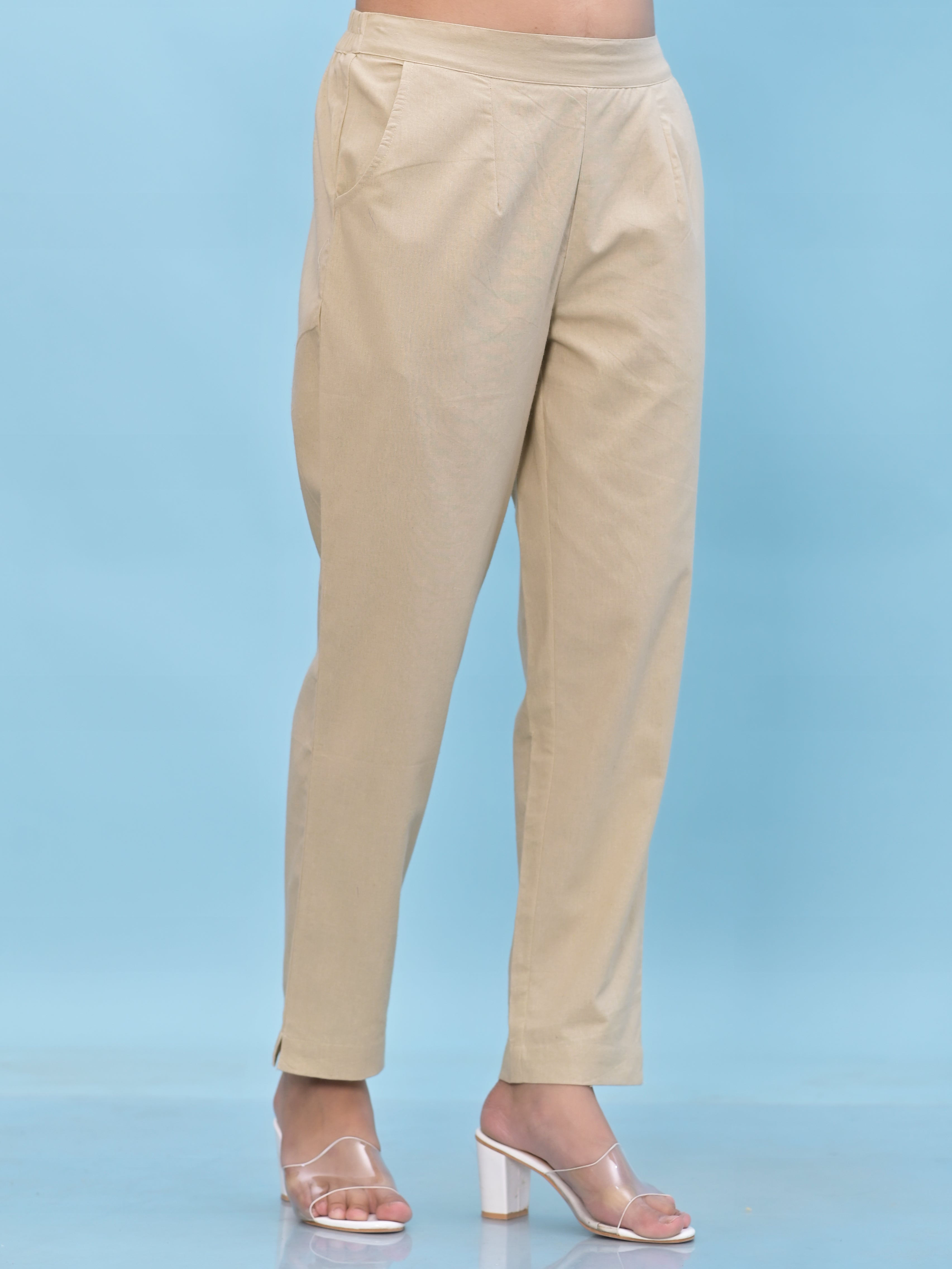 Juniper Women Beige Solid Cotton Pants with Partially Elasticated Waistband and Two Side Pockets