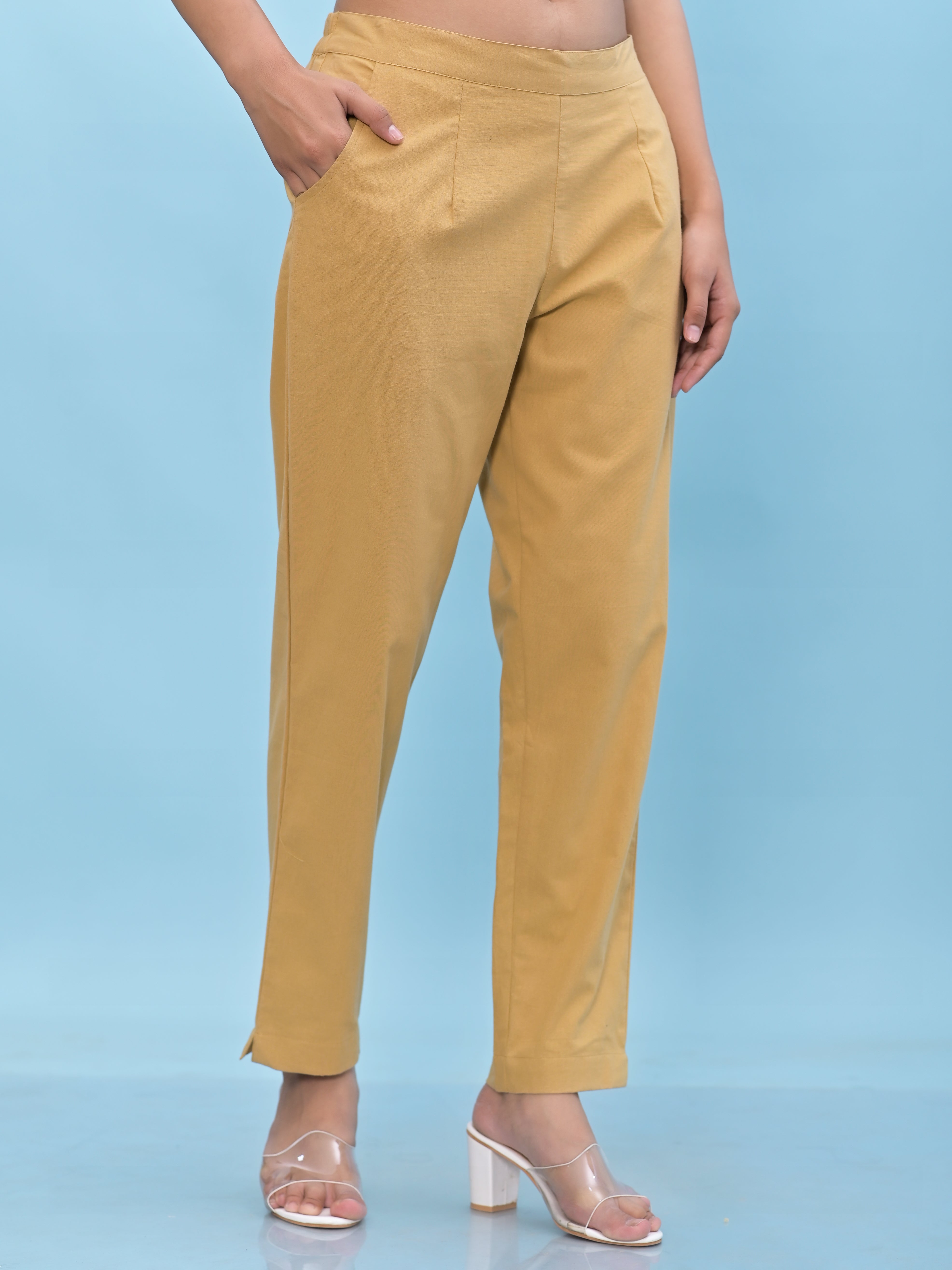 Juniper Women Gold Solid Cotton Pants with Partially Elasticated Waistband and Two Side Pockets