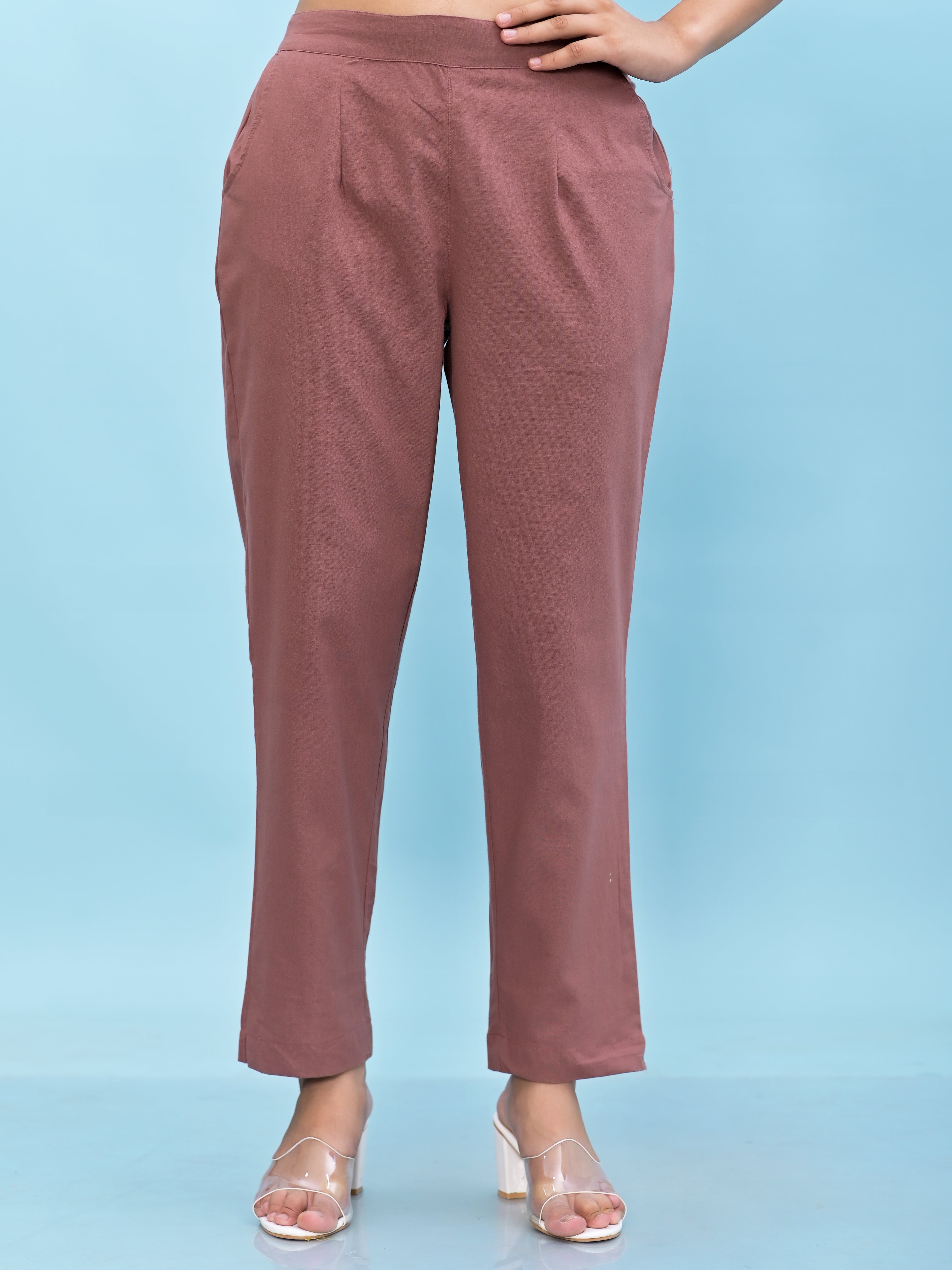 Juniper Juniper Women Mauve Solid Cotton Pants with Partially Elasticated Waistband and Two Side Pockets