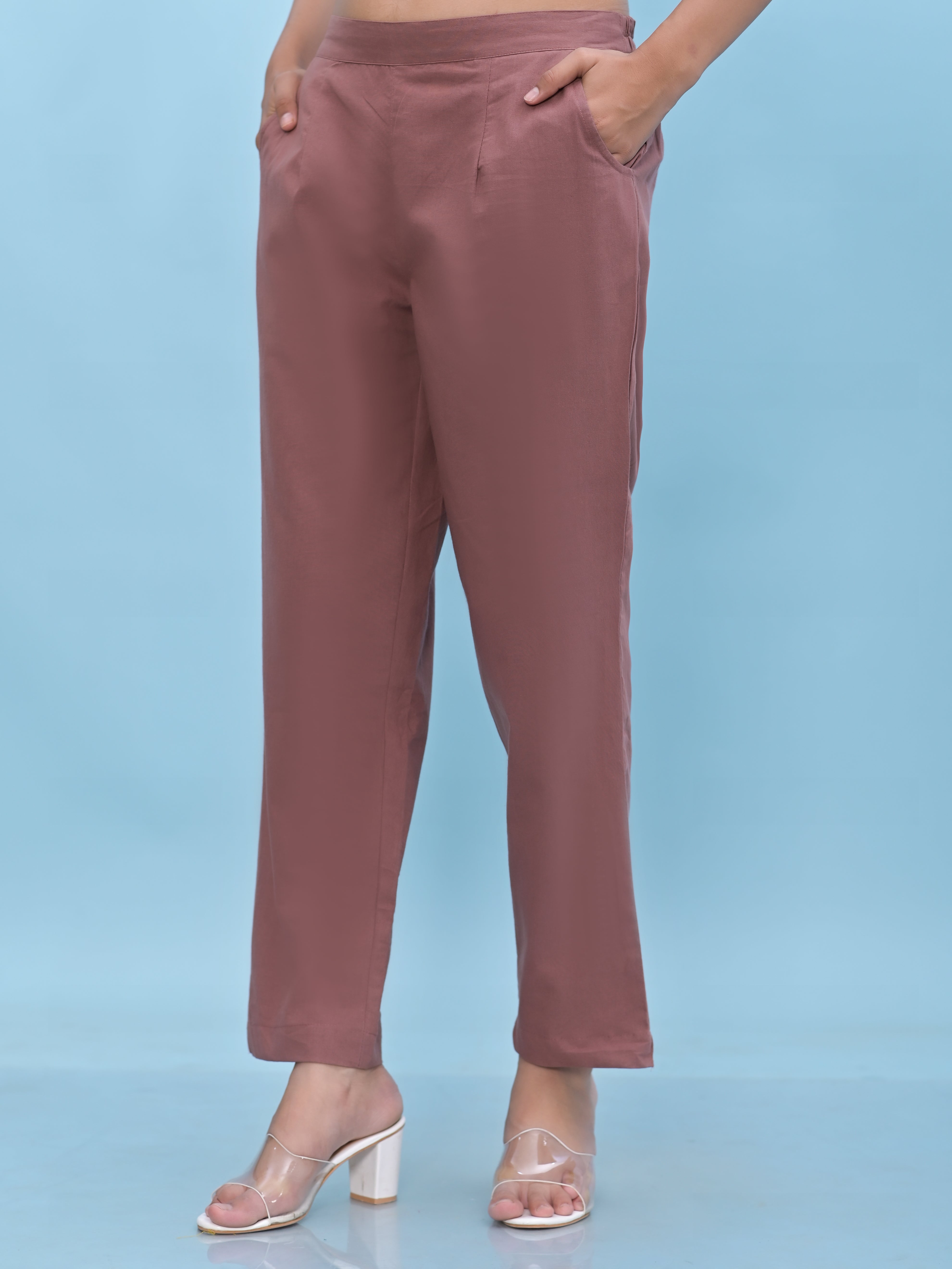 Juniper Juniper Women Mauve Solid Cotton Pants with Partially Elasticated Waistband and Two Side Pockets