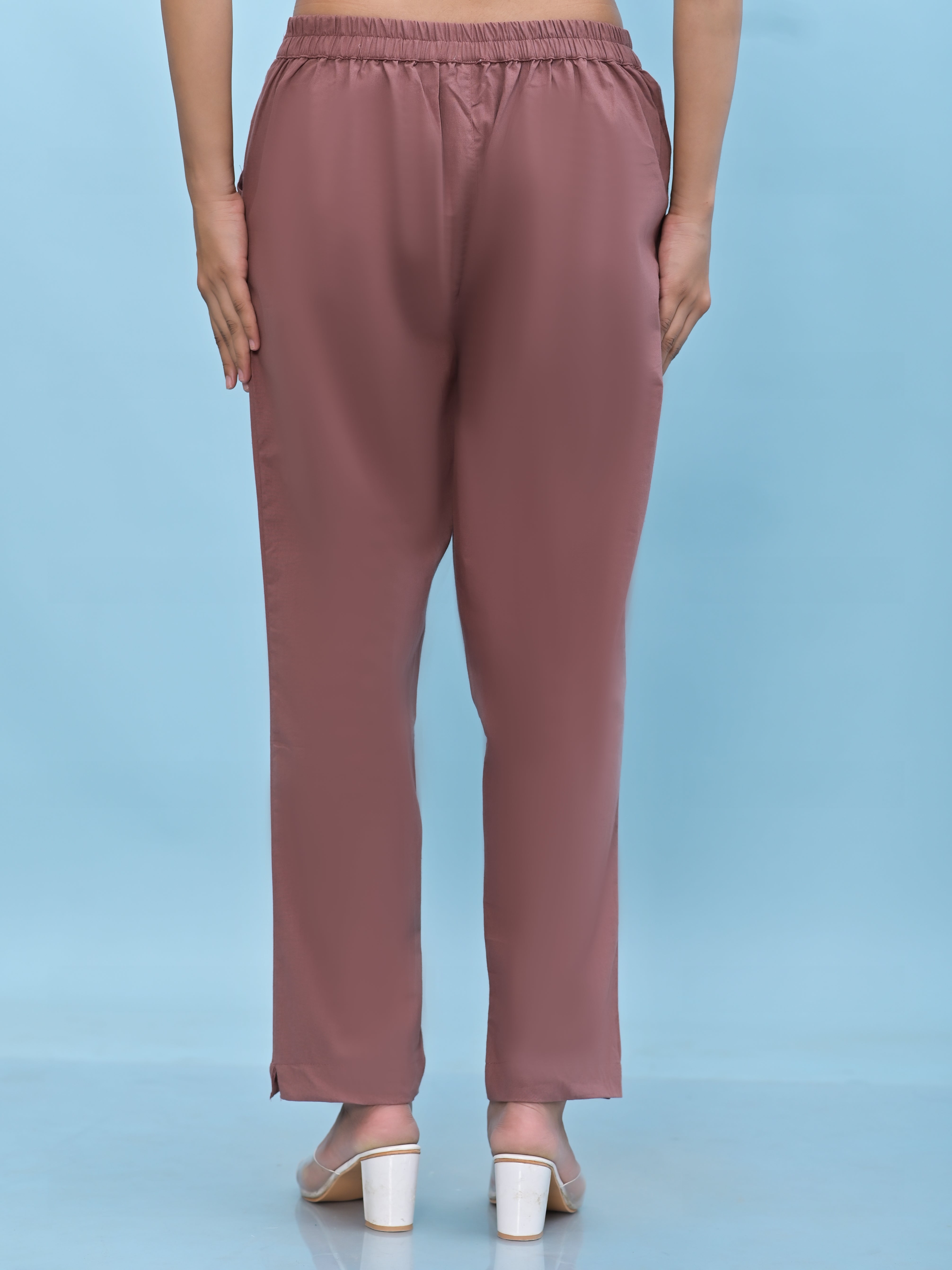 Juniper Juniper Women Mauve Solid Cotton Pants with Partially Elasticated Waistband and Two Side Pockets