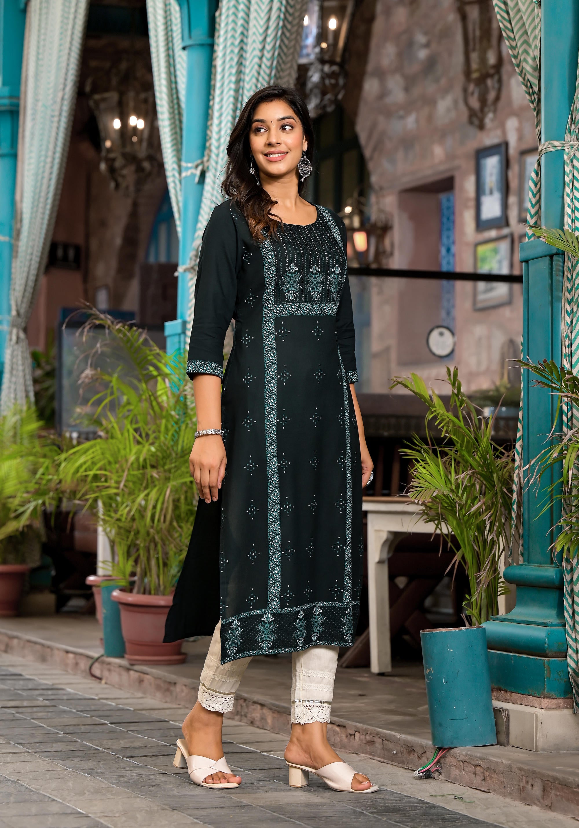 Bottle Green Ethnic Motif Printed Liva Rayon Kurta With Straight Hemline For Women