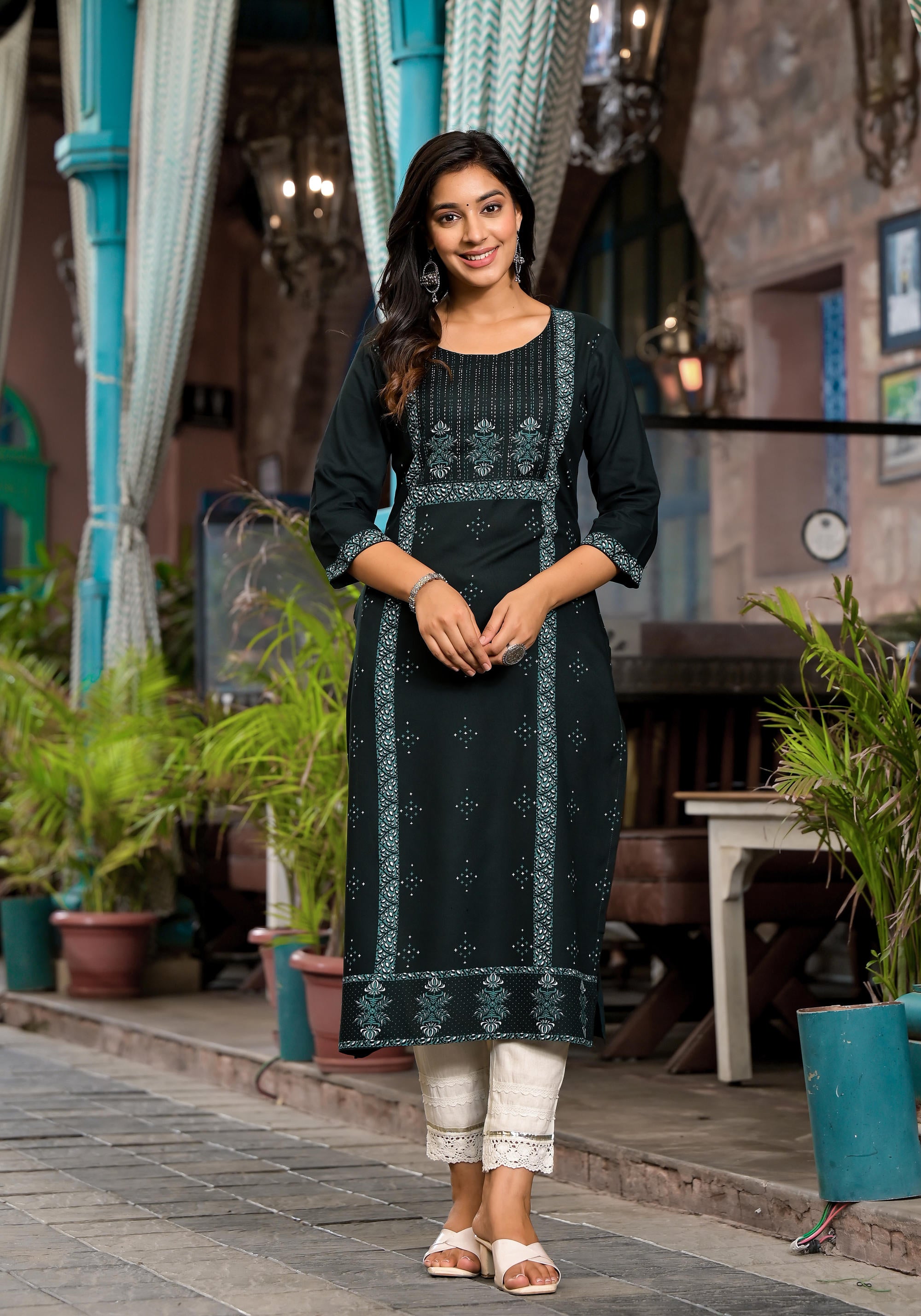 Bottle Green Ethnic Motif Printed Liva Rayon Kurta With Straight Hemline For Women