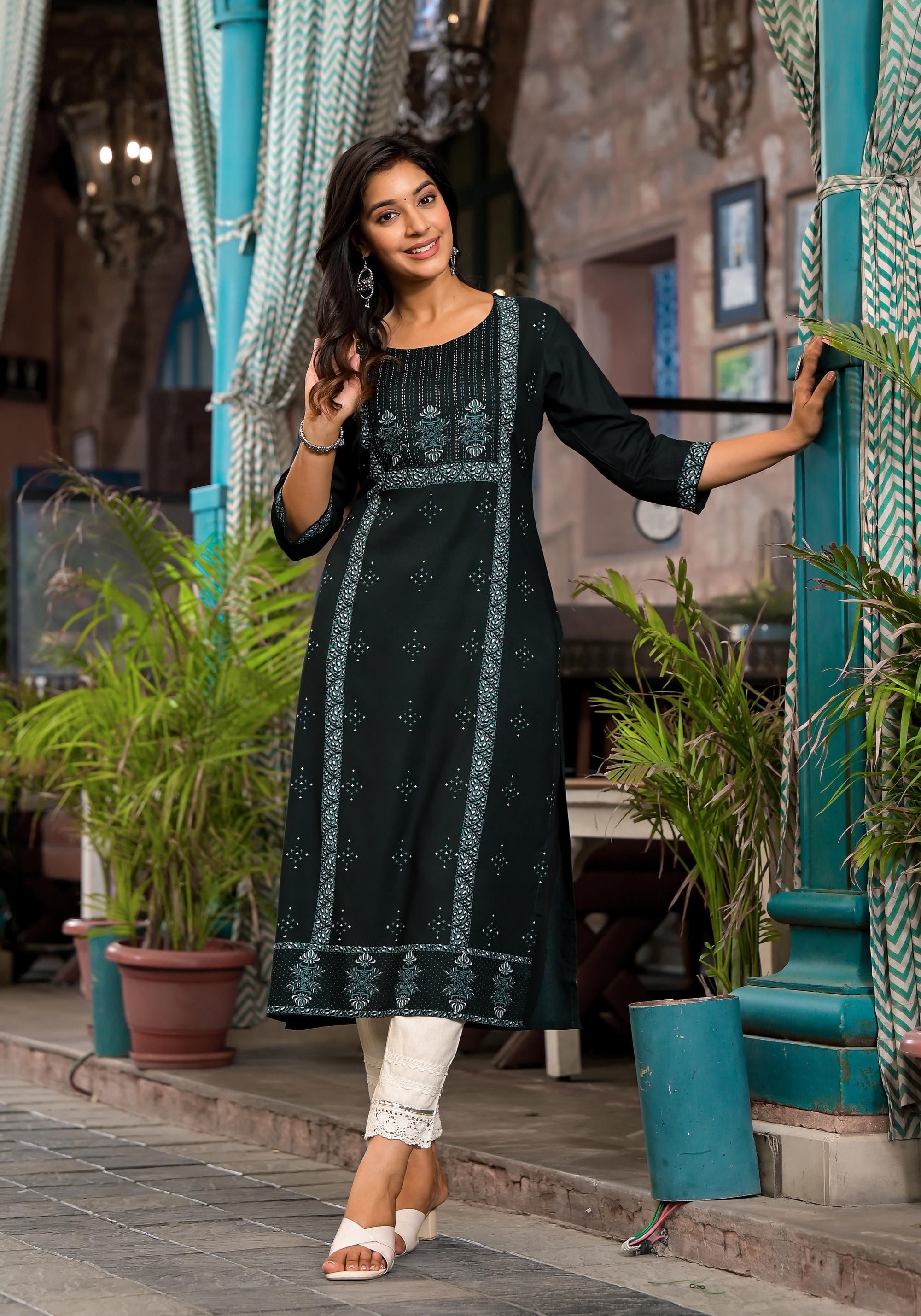 Bottle Green Ethnic Motif Printed Liva Rayon Kurta With Straight Hemline For Women