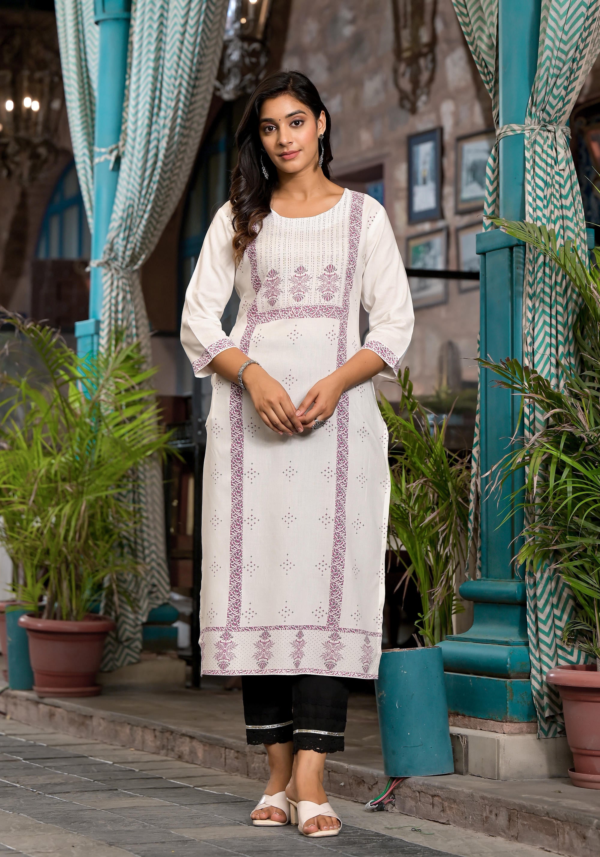 White Ethnic Motif Printed Liva Rayon Round Neck  Kurta With Straight Hemline For Women