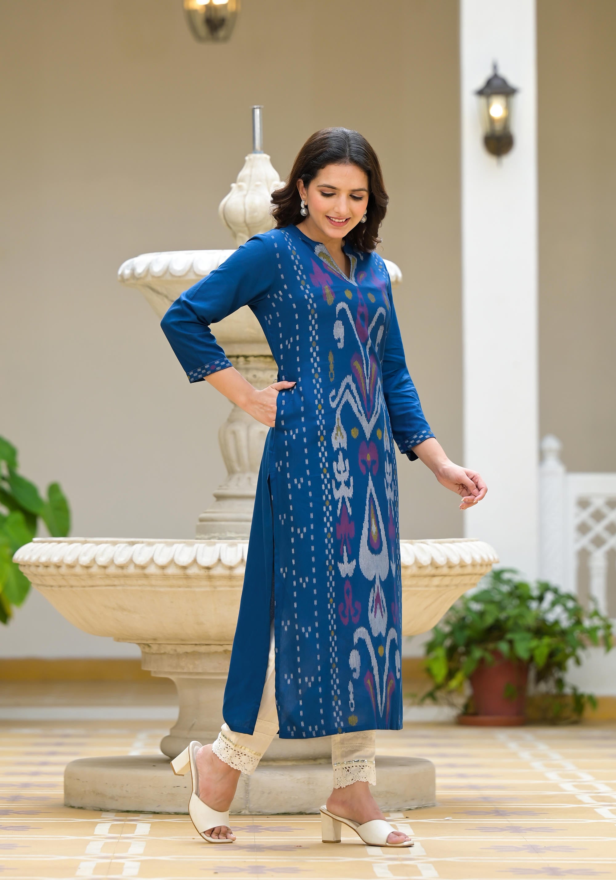 Blue Ikat Printed Rayon Kurta