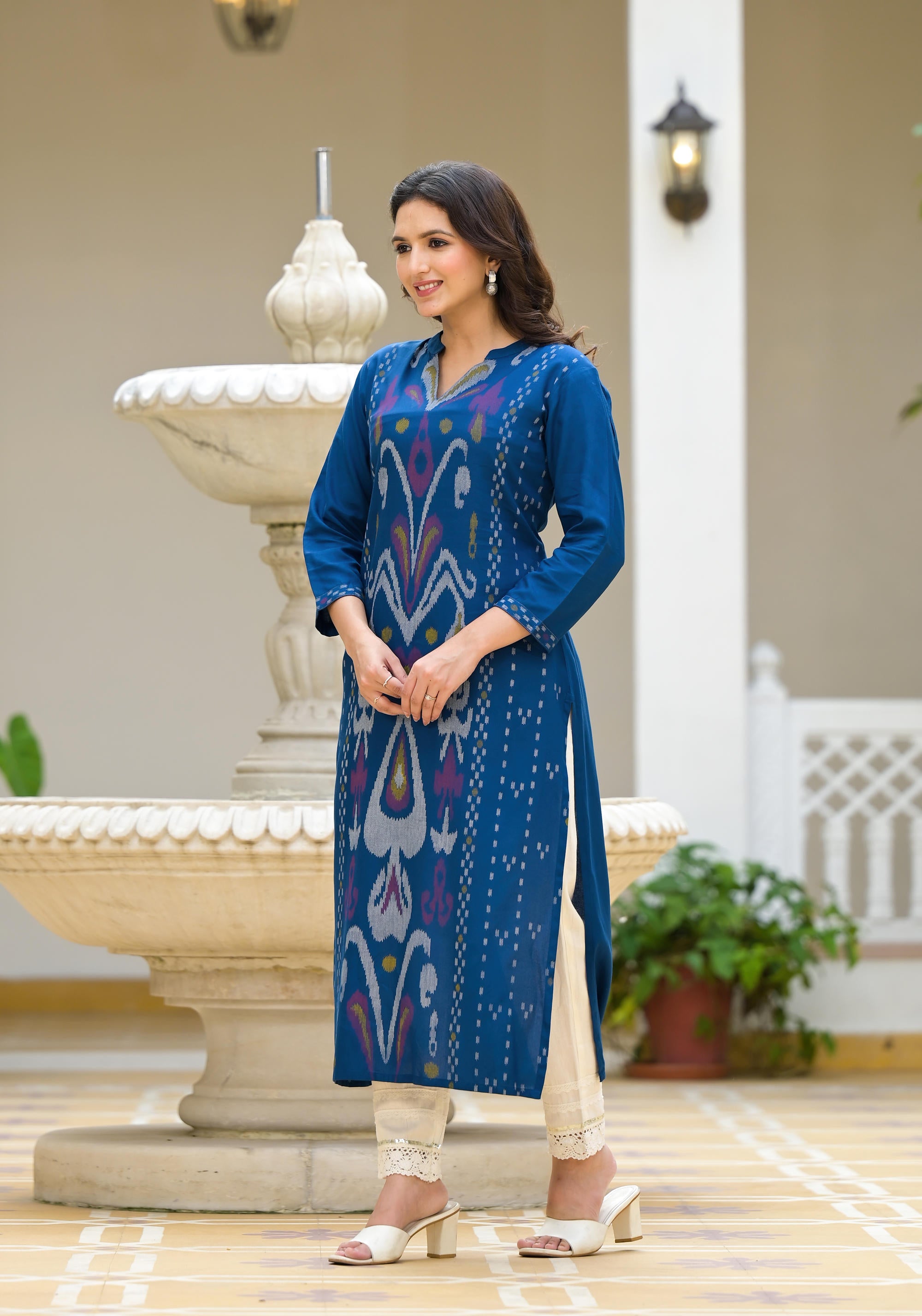 Blue Ikat Printed Rayon Kurta