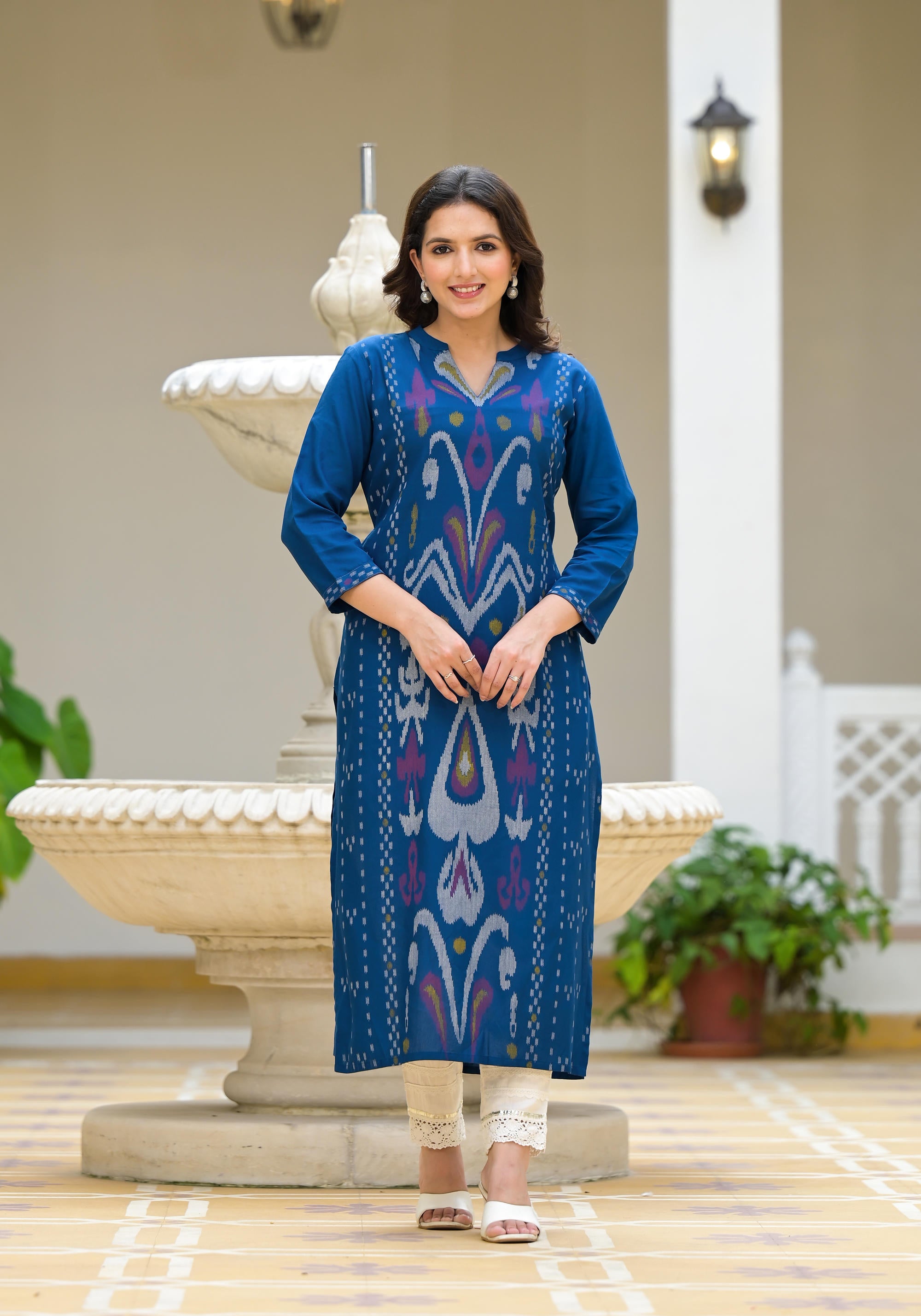 Blue Ikat Printed Rayon Kurta