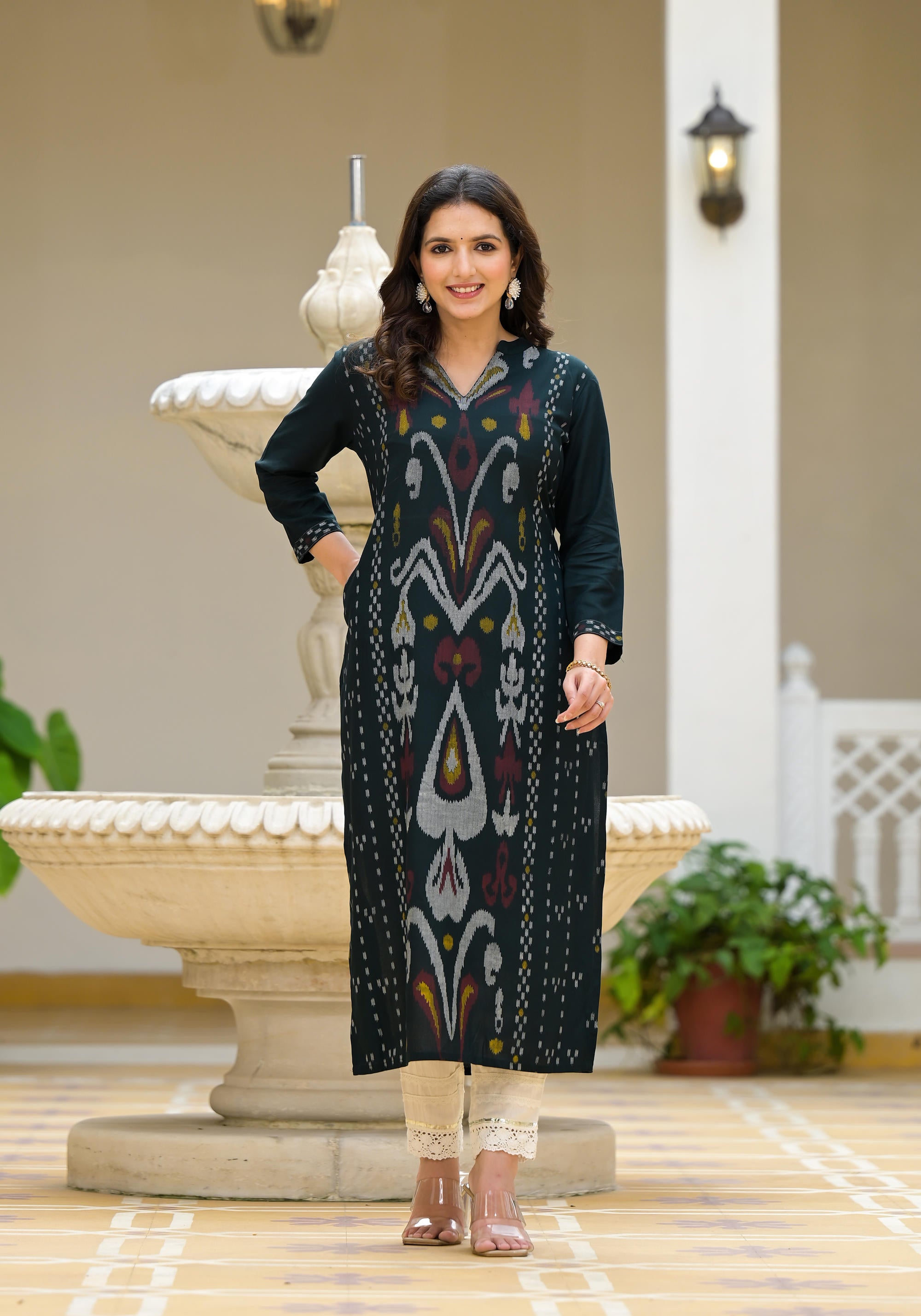 Black Ikat Printed Rayon Kurta