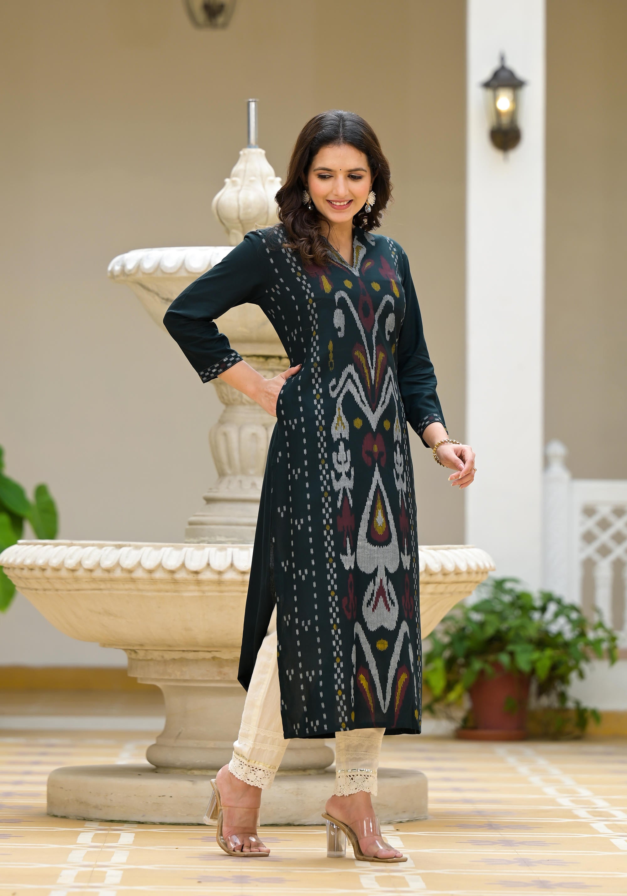 Black Ikat Printed Rayon Kurta