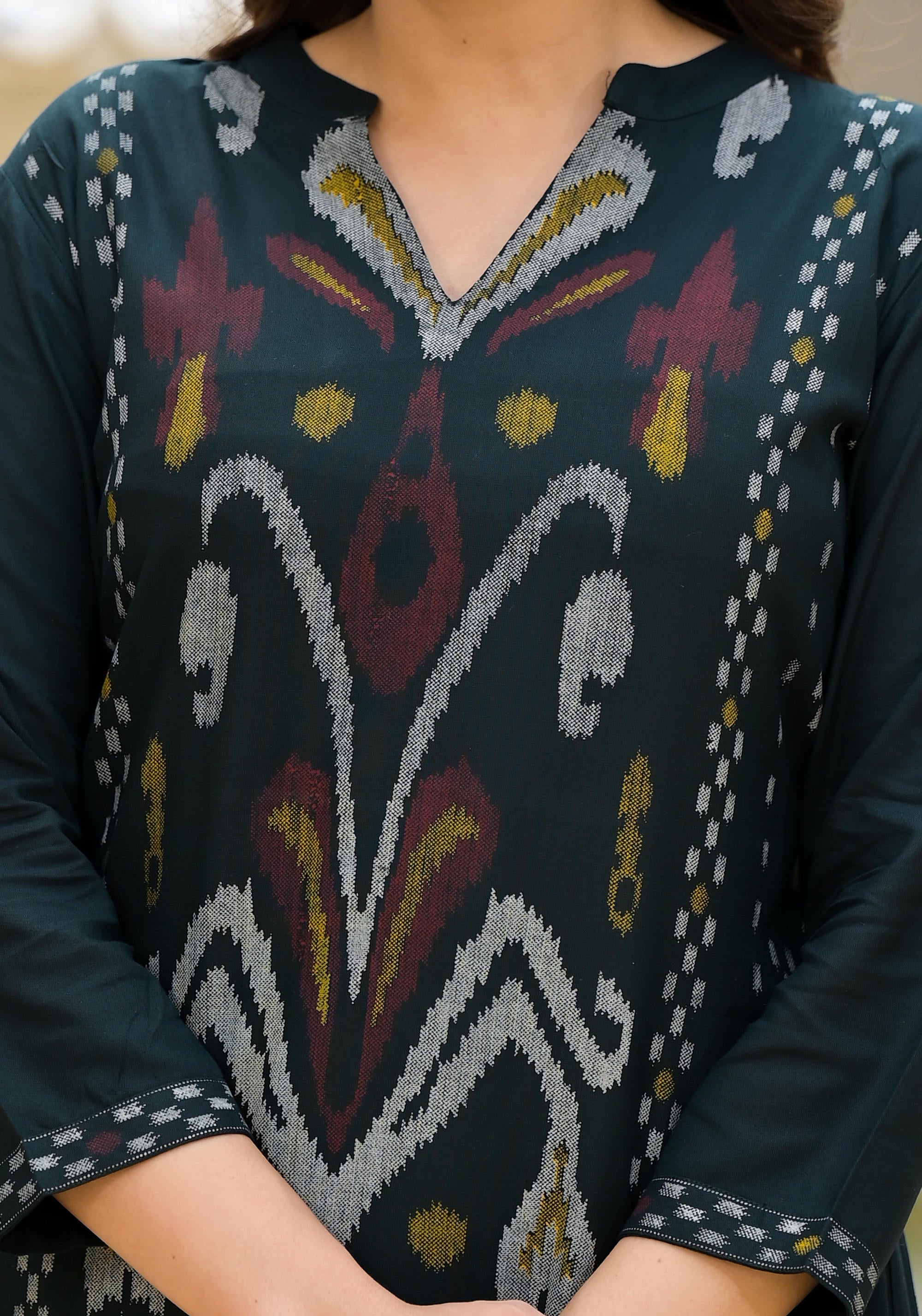 Black Ikat Printed Rayon Kurta