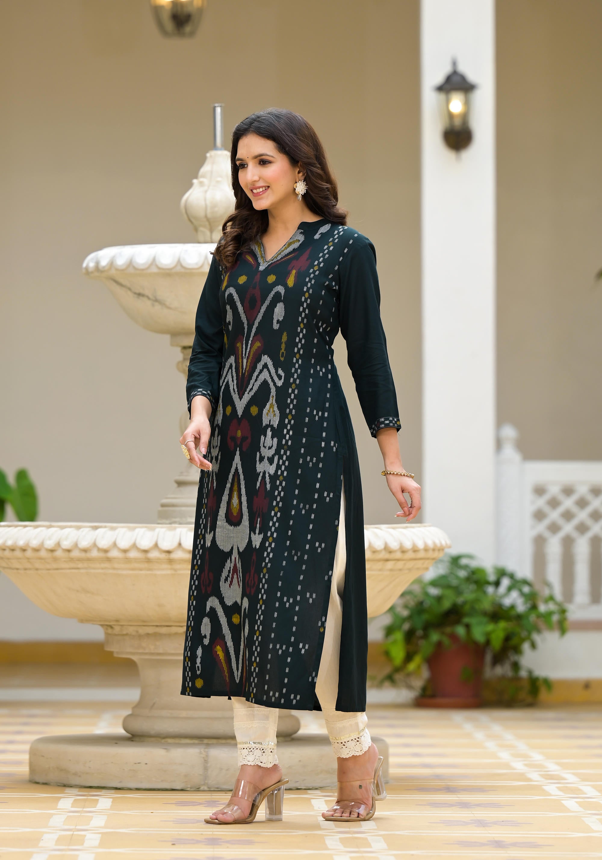 Black Ikat Printed Rayon Kurta