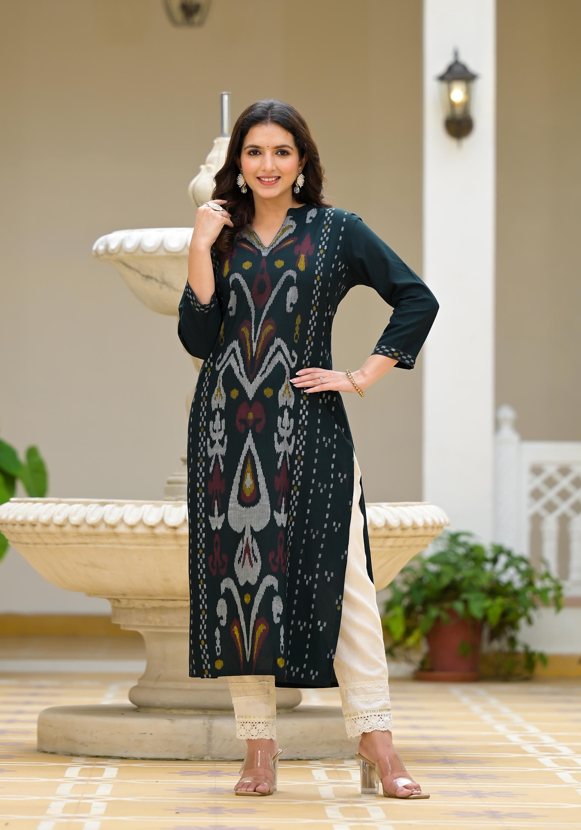 Black Ikat Printed Rayon Kurta