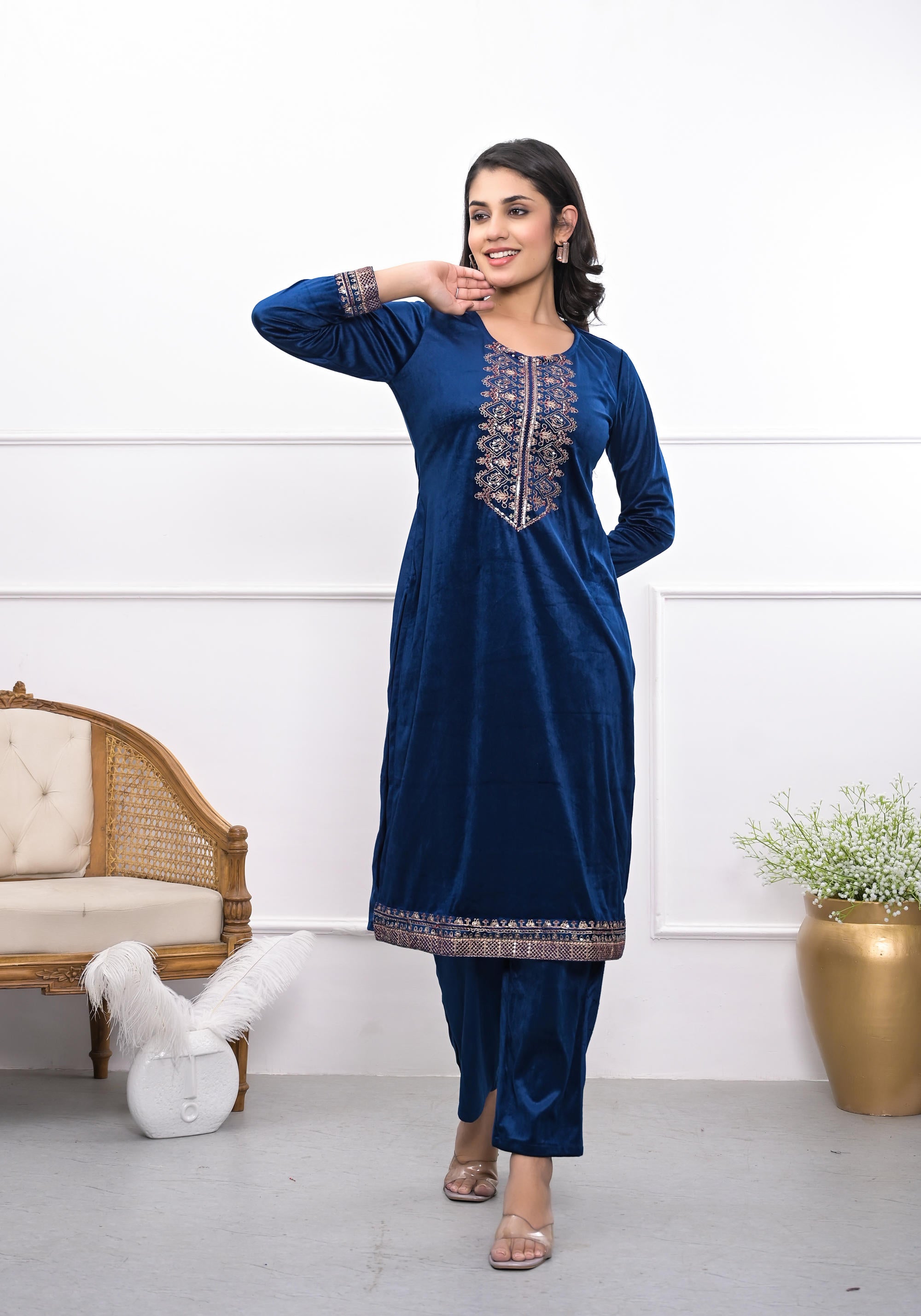 Velvet Blue Kurta & Pant Set with Thread Work & Sequins