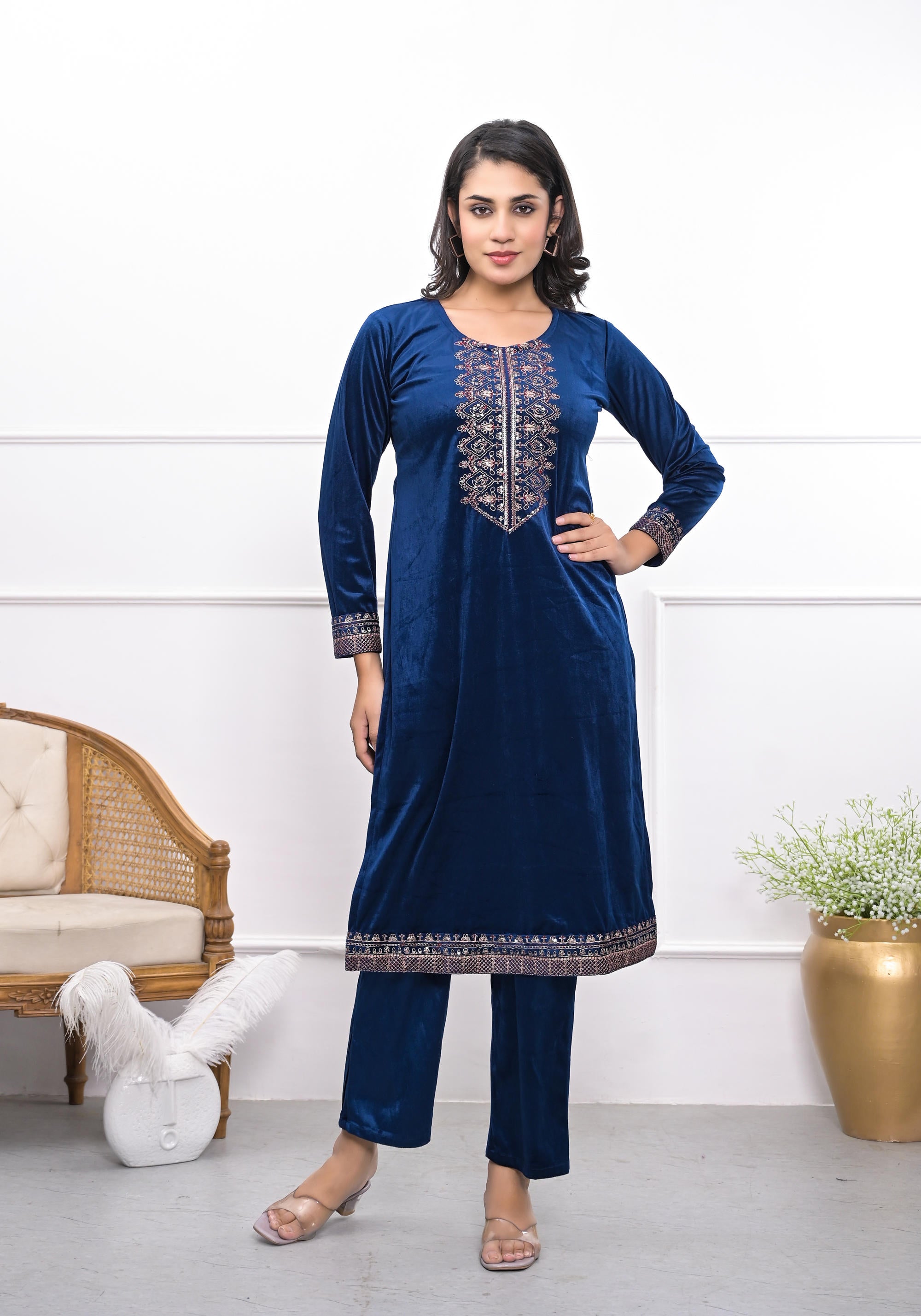 Velvet Blue Kurta & Pant Set with Thread Work & Sequins