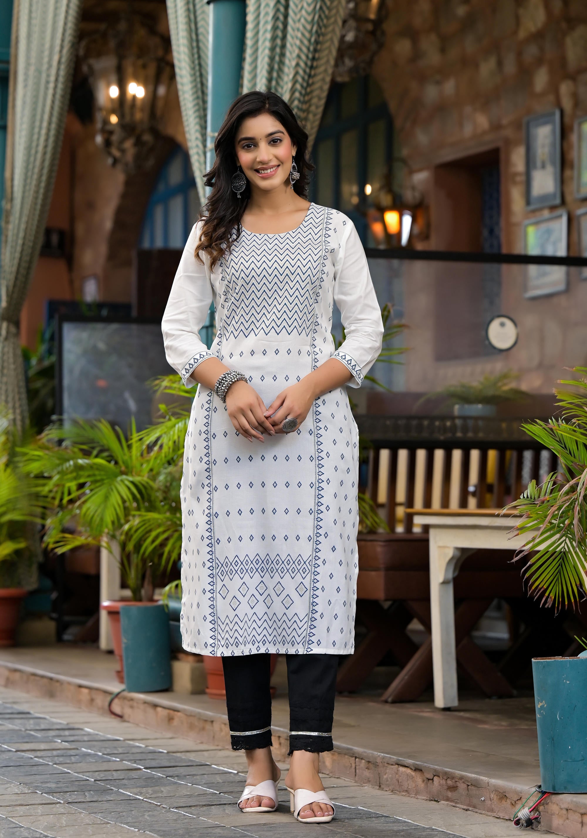 White Ethnic Motif Printed Liva Rayon Kurta With Straight Hemline