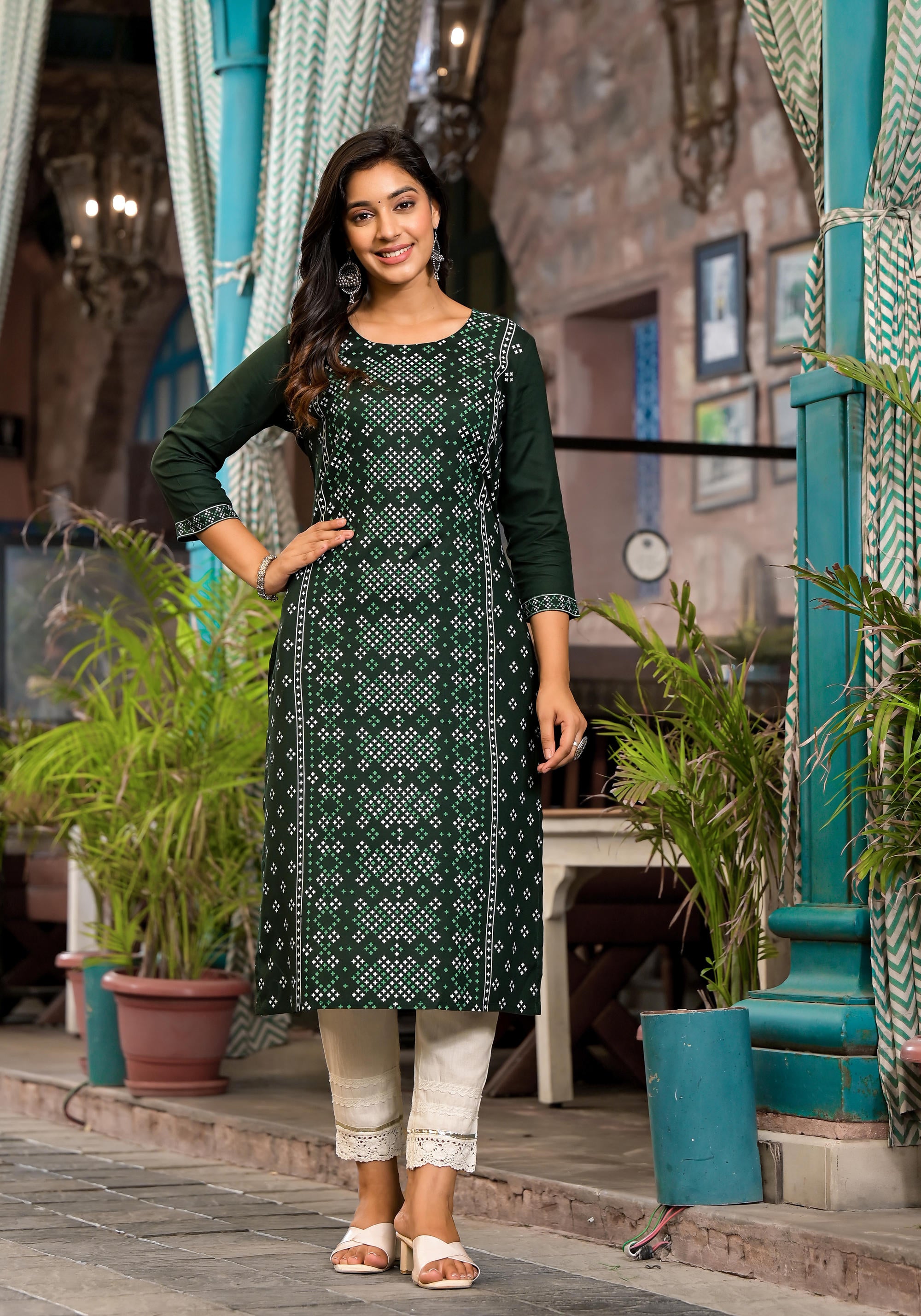 Green Ethnic Motif Printed Round Neck  Liva Rayon Kurta With Straight Hemline