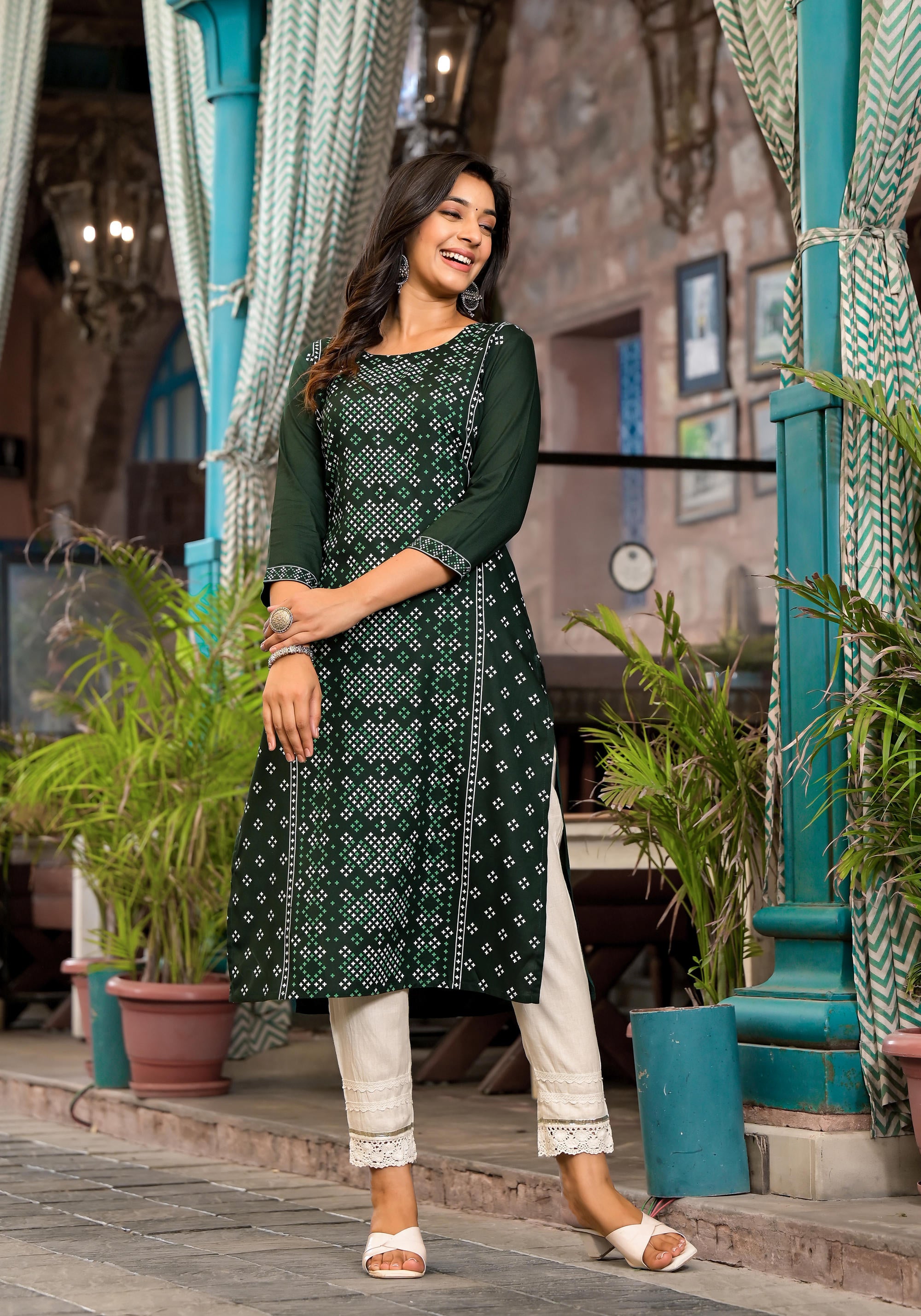 Green Ethnic Motif Printed Round Neck  Liva Rayon Kurta With Straight Hemline