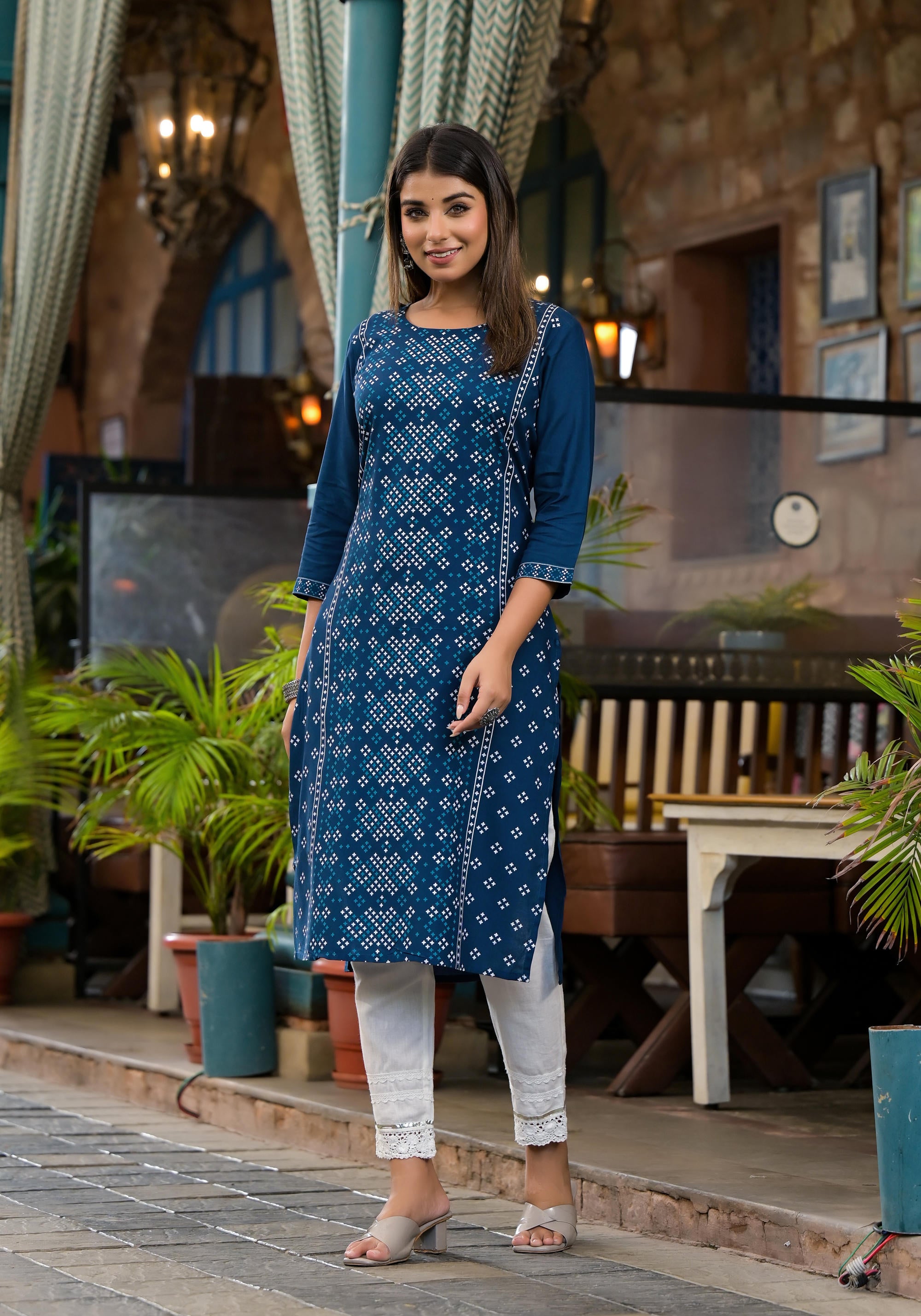 Teal Ethnic Motif Printed Round Neck Liva Rayon Kurta With Straight Hemline