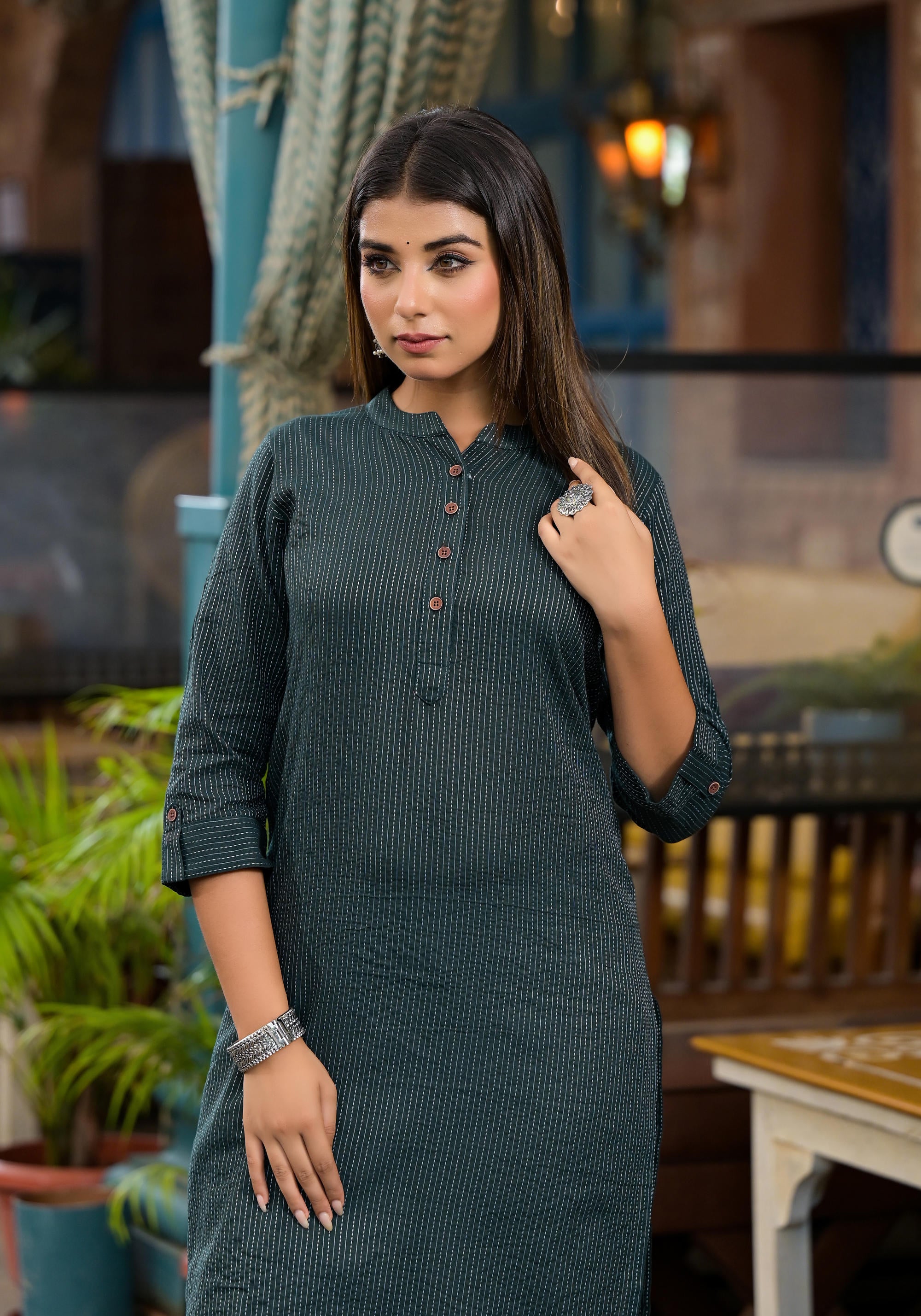 Bottle Green Striped Printed Cotton Kurta With Button Detail