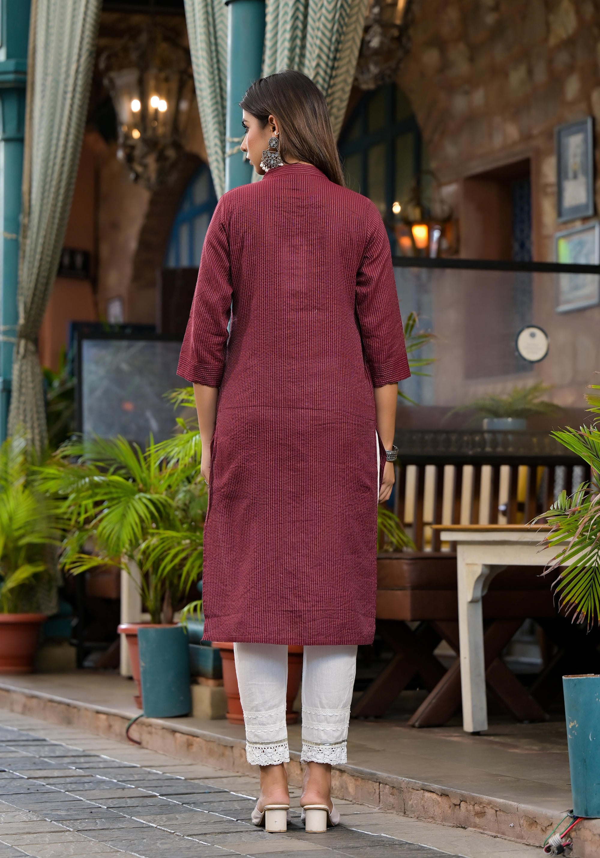 Maroon Striped Printed Cotton Kurta With Button Detail