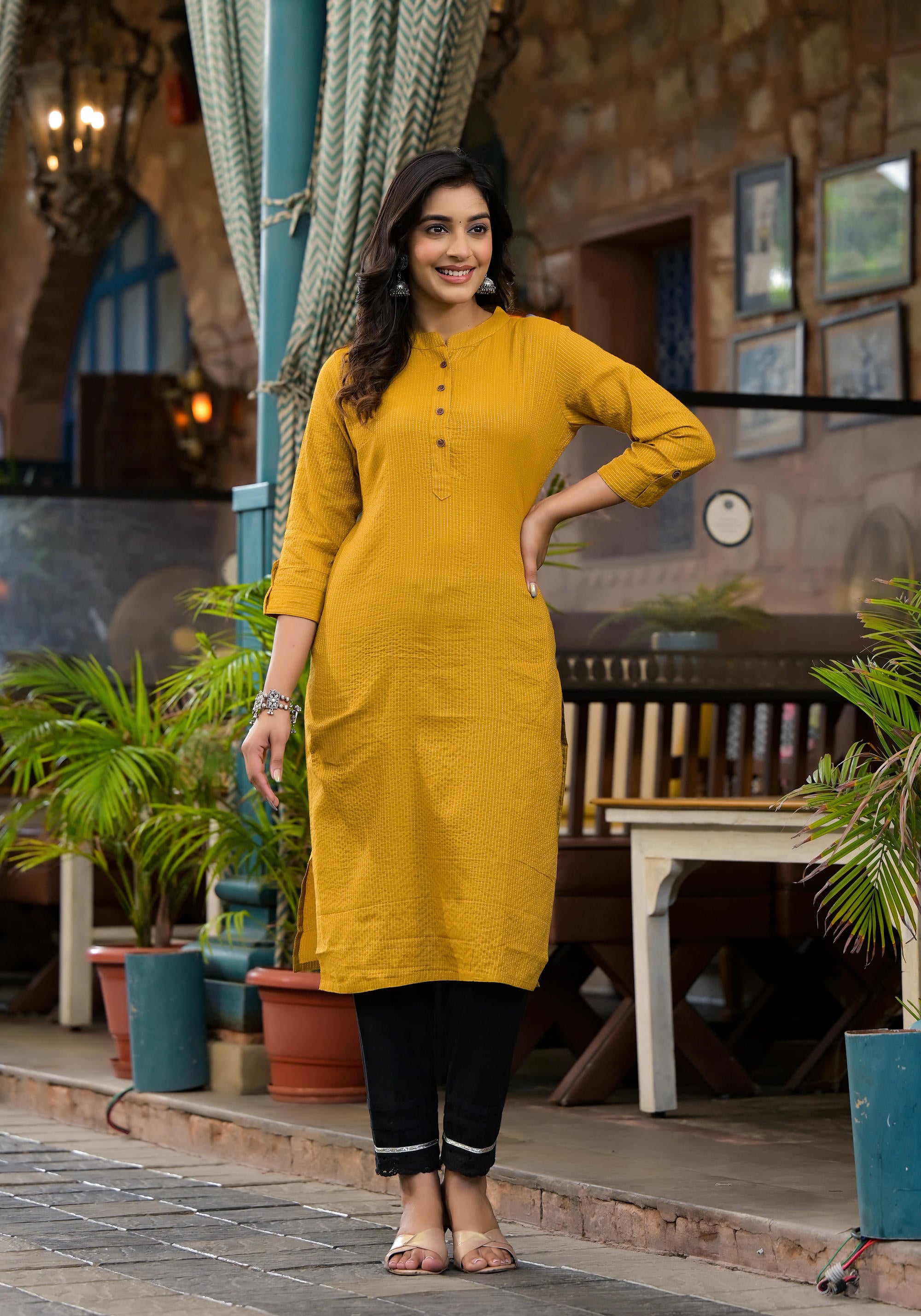 Mustard Striped Printed Cotton Kurta With Button Detail