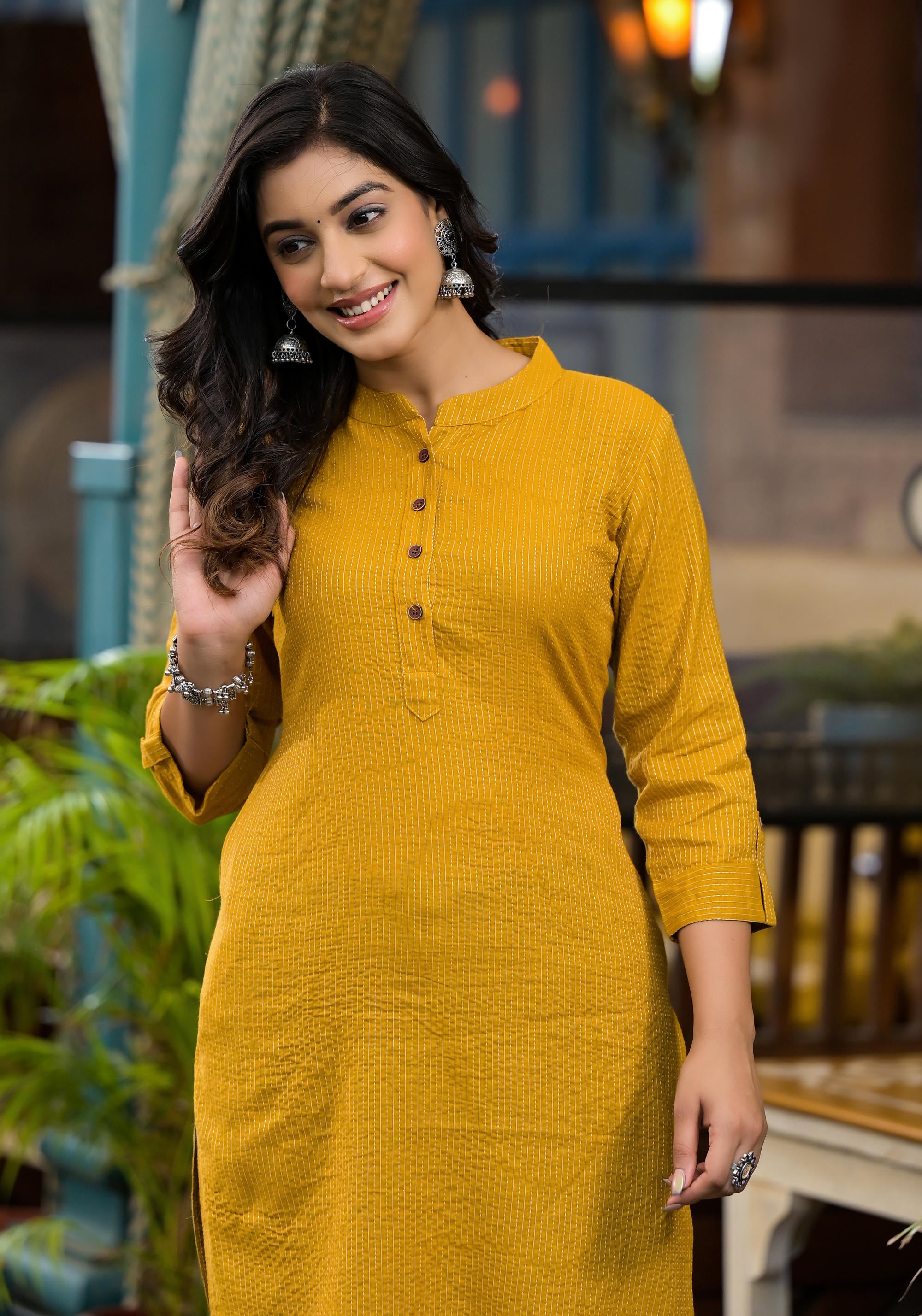 Mustard Striped Printed Cotton Kurta With Button Detail